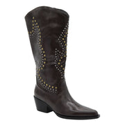 BROWN HIGH BOOT STUDS MEDIUM HEEL
