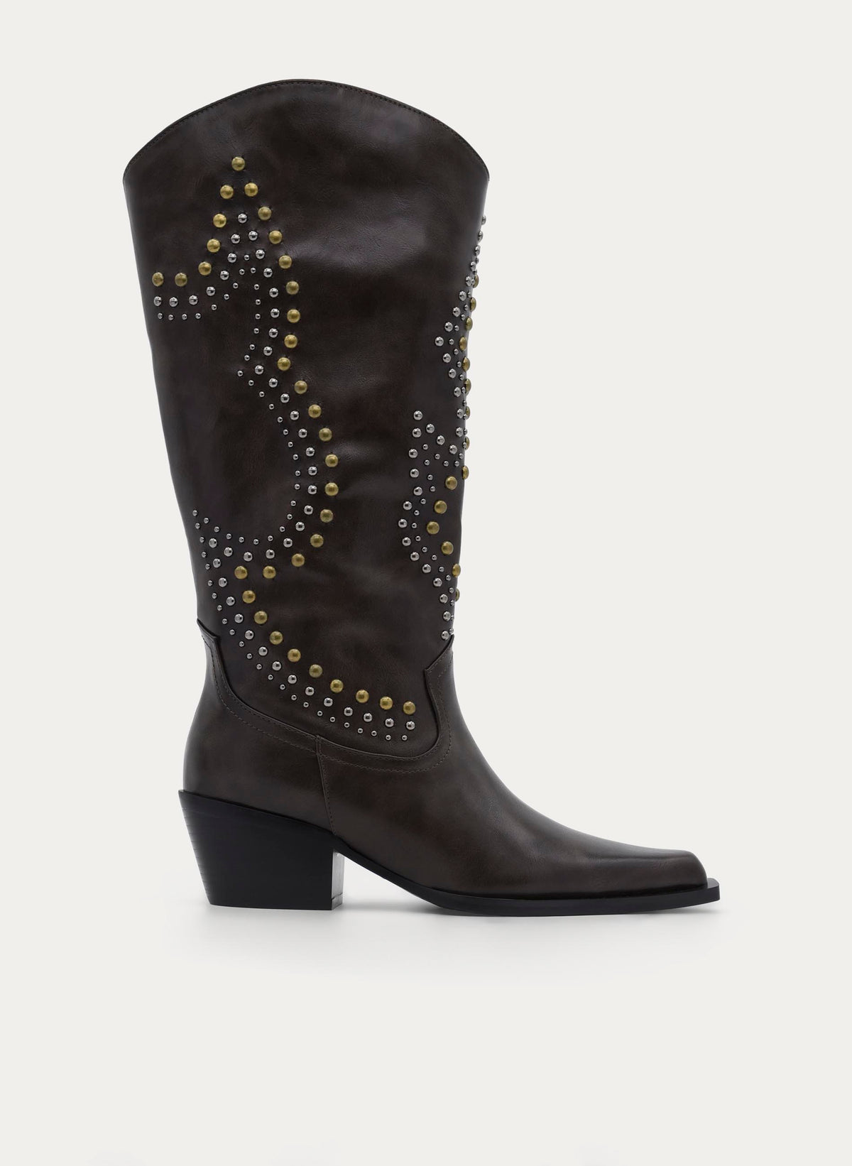 BROWN HIGH BOOT STUDS MEDIUM HEEL