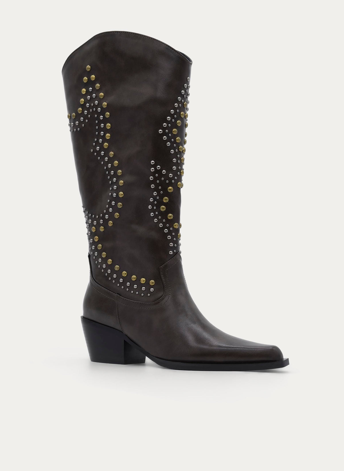 BROWN HIGH BOOT STUDS MEDIUM HEEL