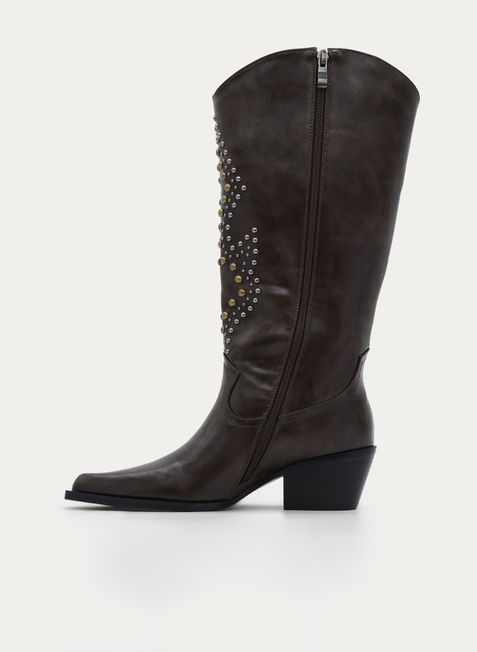 BROWN HIGH BOOT STUDS MEDIUM HEEL