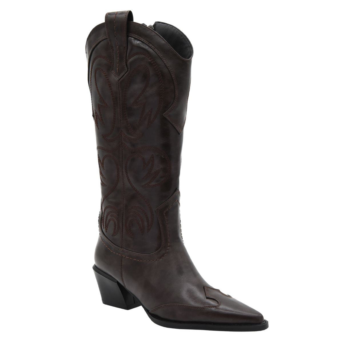 BROWN COWBOY BOOT EMBROIDERY MEDIUM HEEL