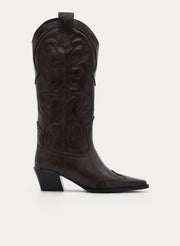 BROWN COWBOY BOOT EMBROIDERY MEDIUM HEEL