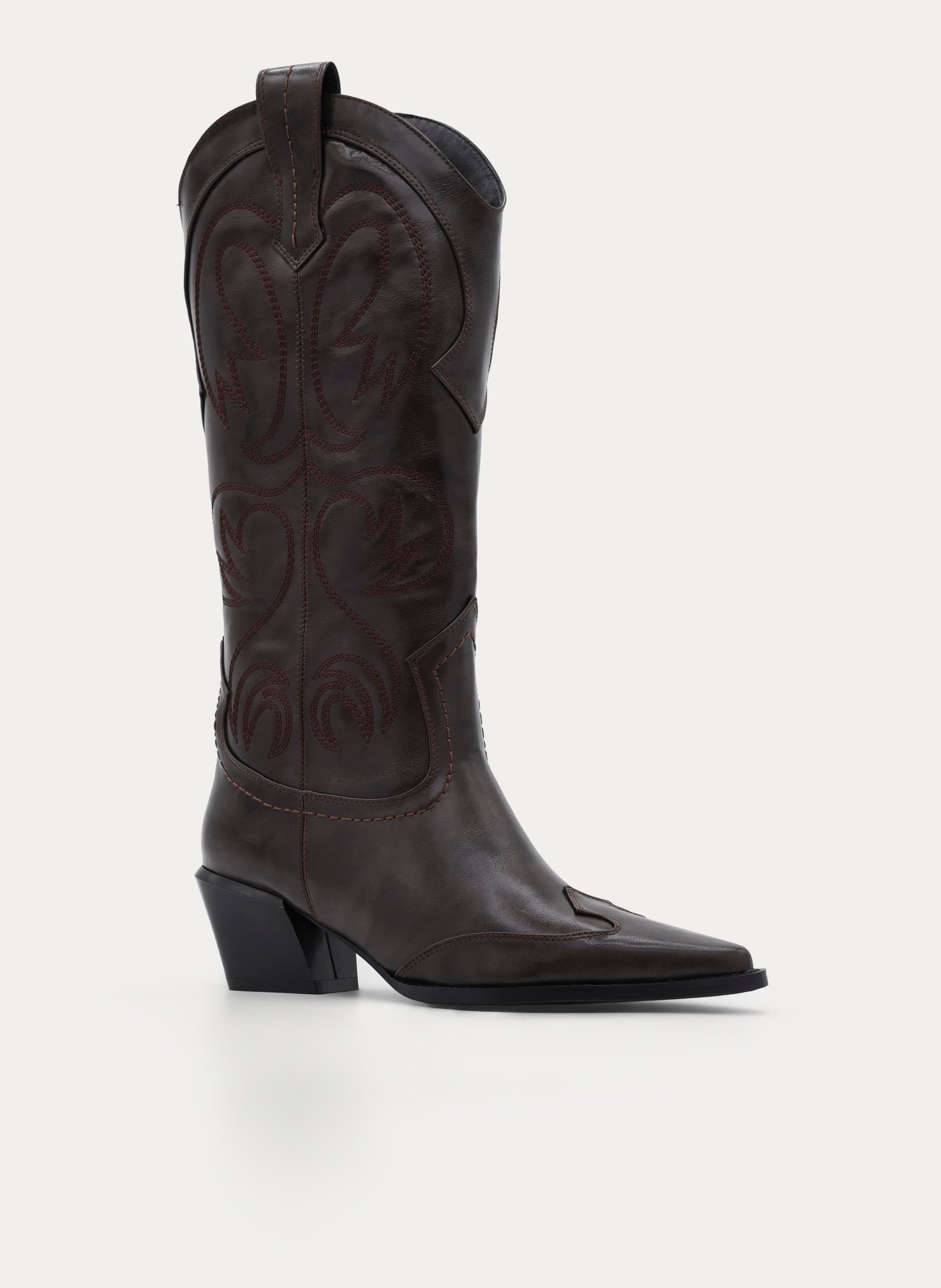 BROWN COWBOY BOOT EMBROIDERY MEDIUM HEEL