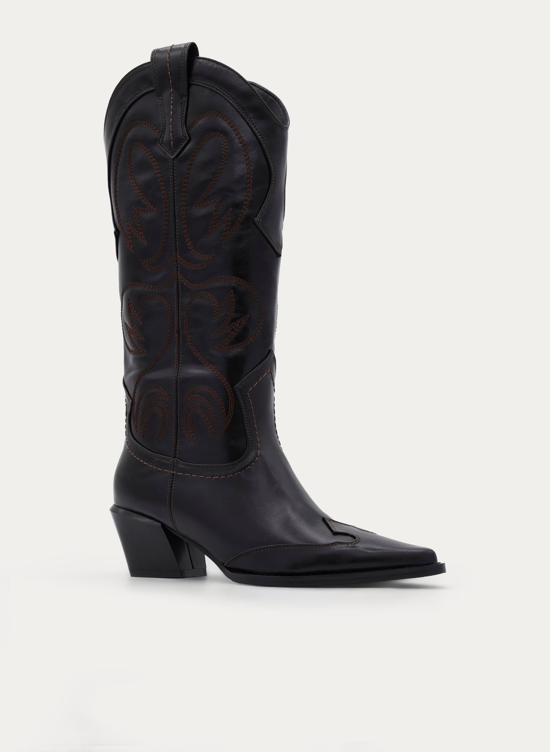 BLACK EMBROIDERED COWBOY BOOT MEDIUM HEEL