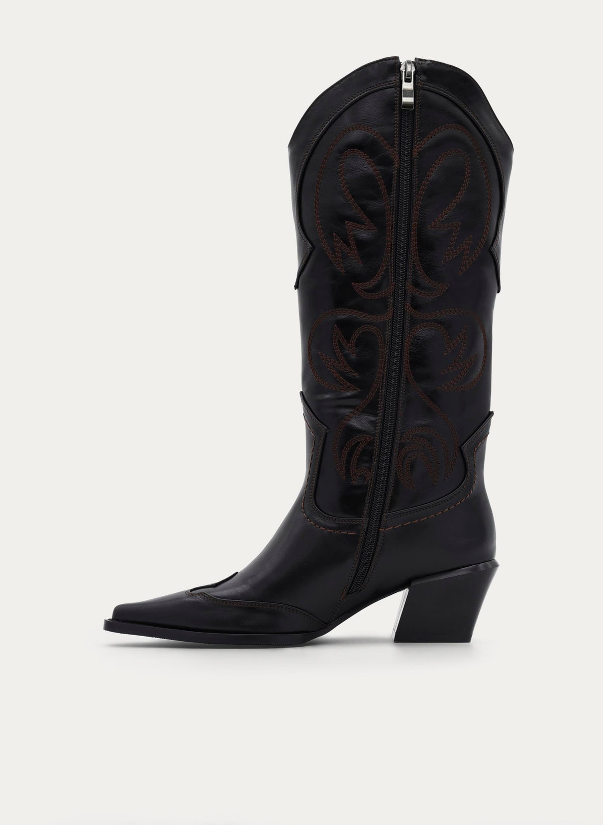 BLACK EMBROIDERED COWBOY BOOT MEDIUM HEEL
