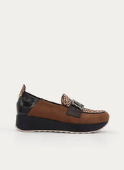 BROWN LEOPARD WEDGE LOAFER WITH METALLIC ORNAMENT