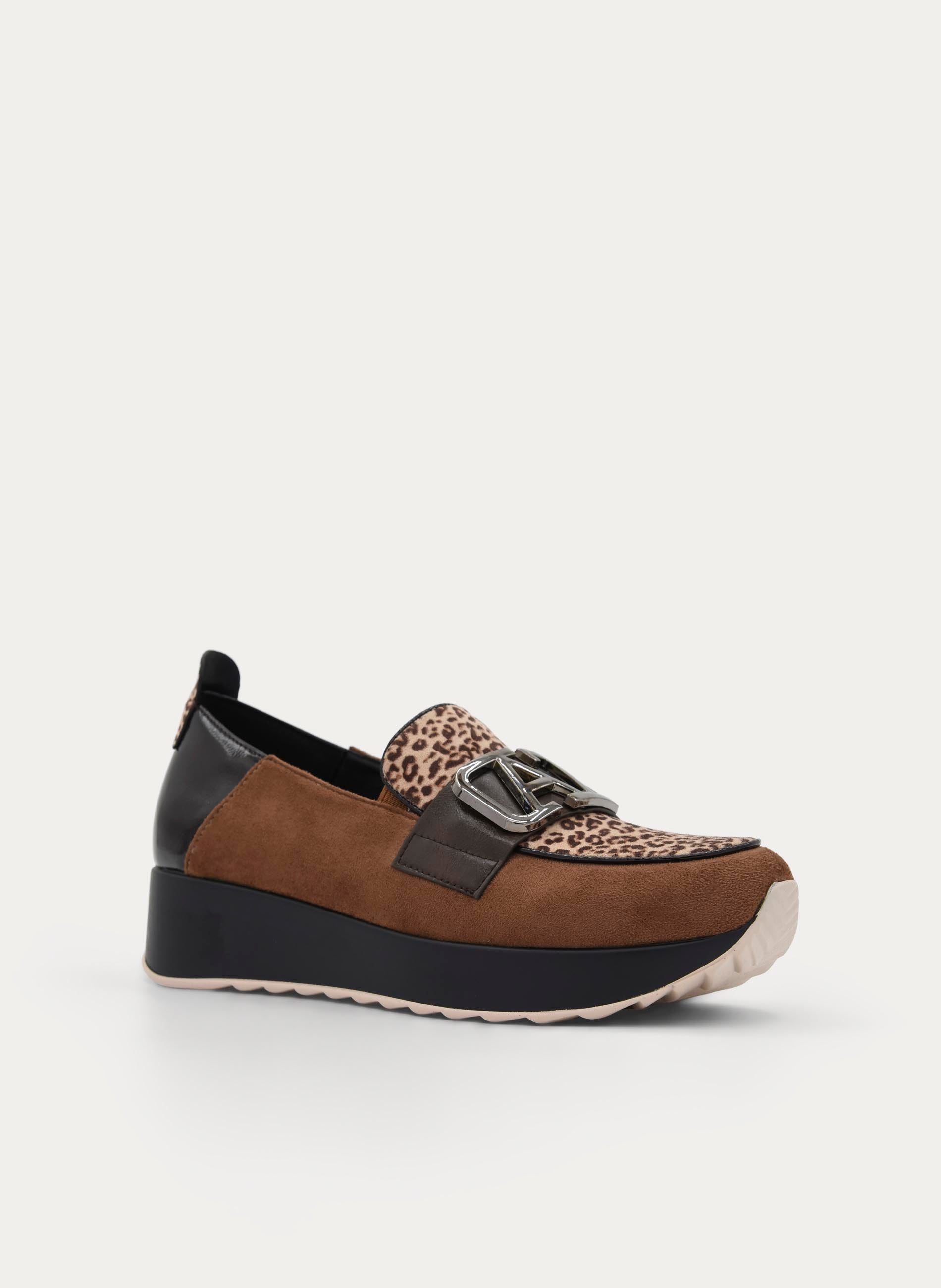 BROWN LEOPARD WEDGE LOAFER WITH METALLIC ORNAMENT
