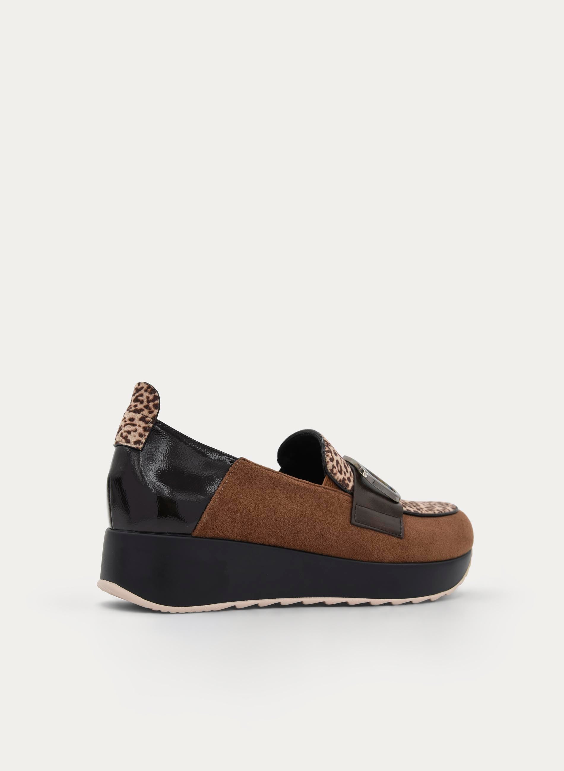 BROWN LEOPARD WEDGE LOAFER WITH METALLIC ORNAMENT