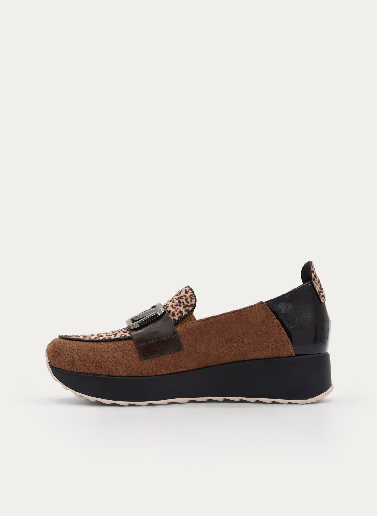 BROWN LEOPARD WEDGE LOAFER WITH METALLIC ORNAMENT