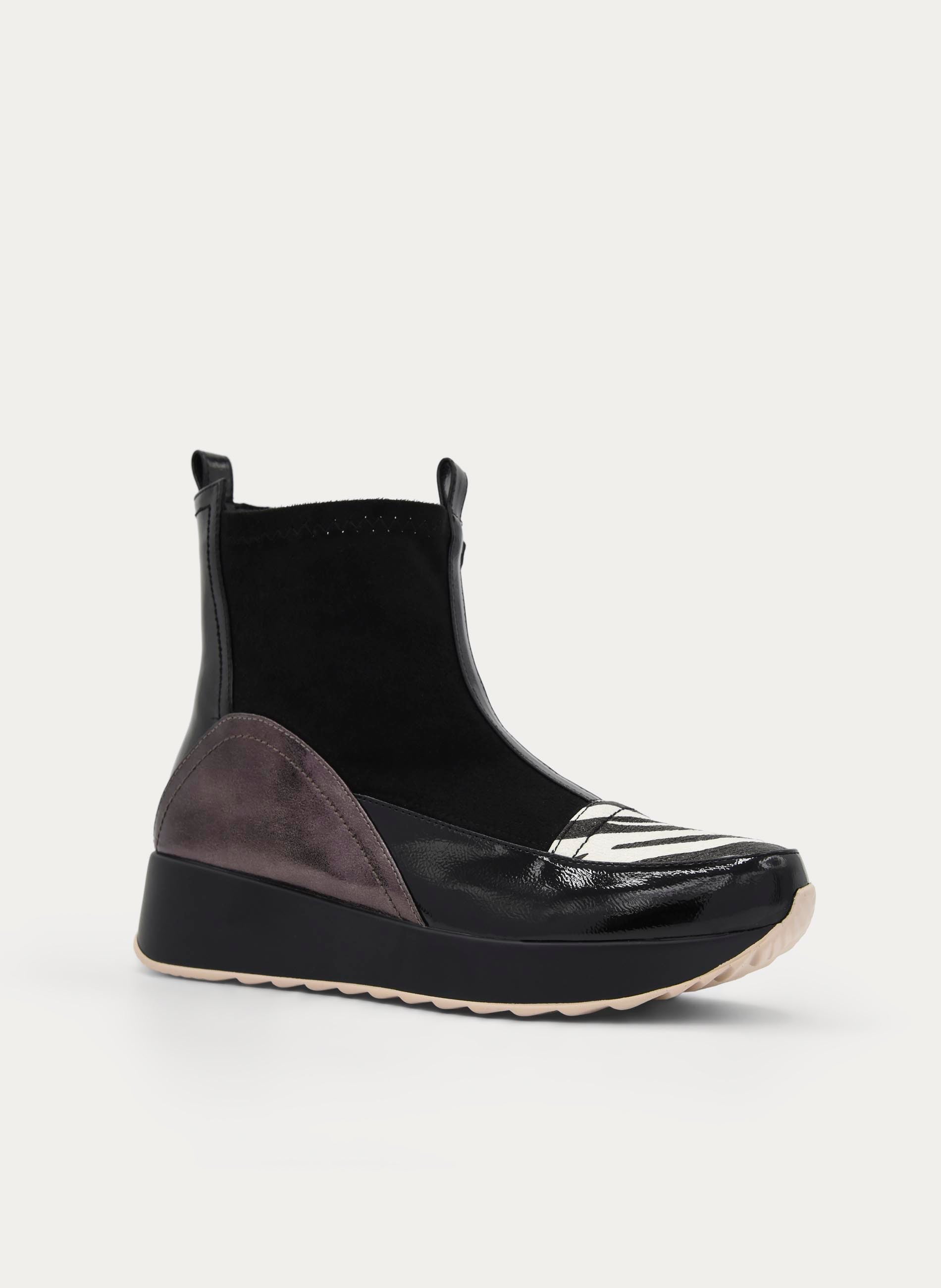 BLACK ZEBRA WEDGE SPORTS ANKLE BOOT WITH ELASTIC