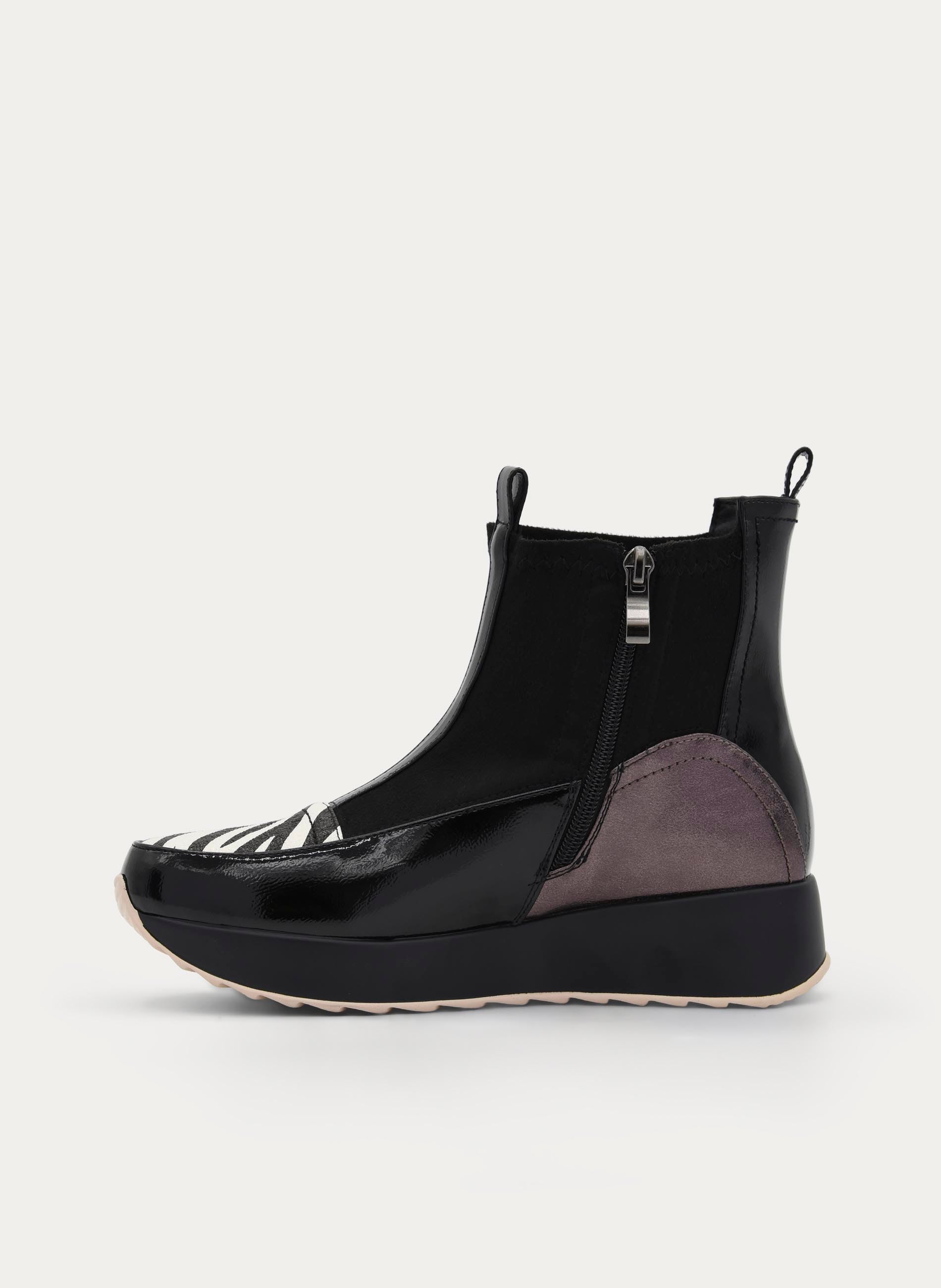 BLACK ZEBRA WEDGE SPORTS ANKLE BOOT WITH ELASTIC