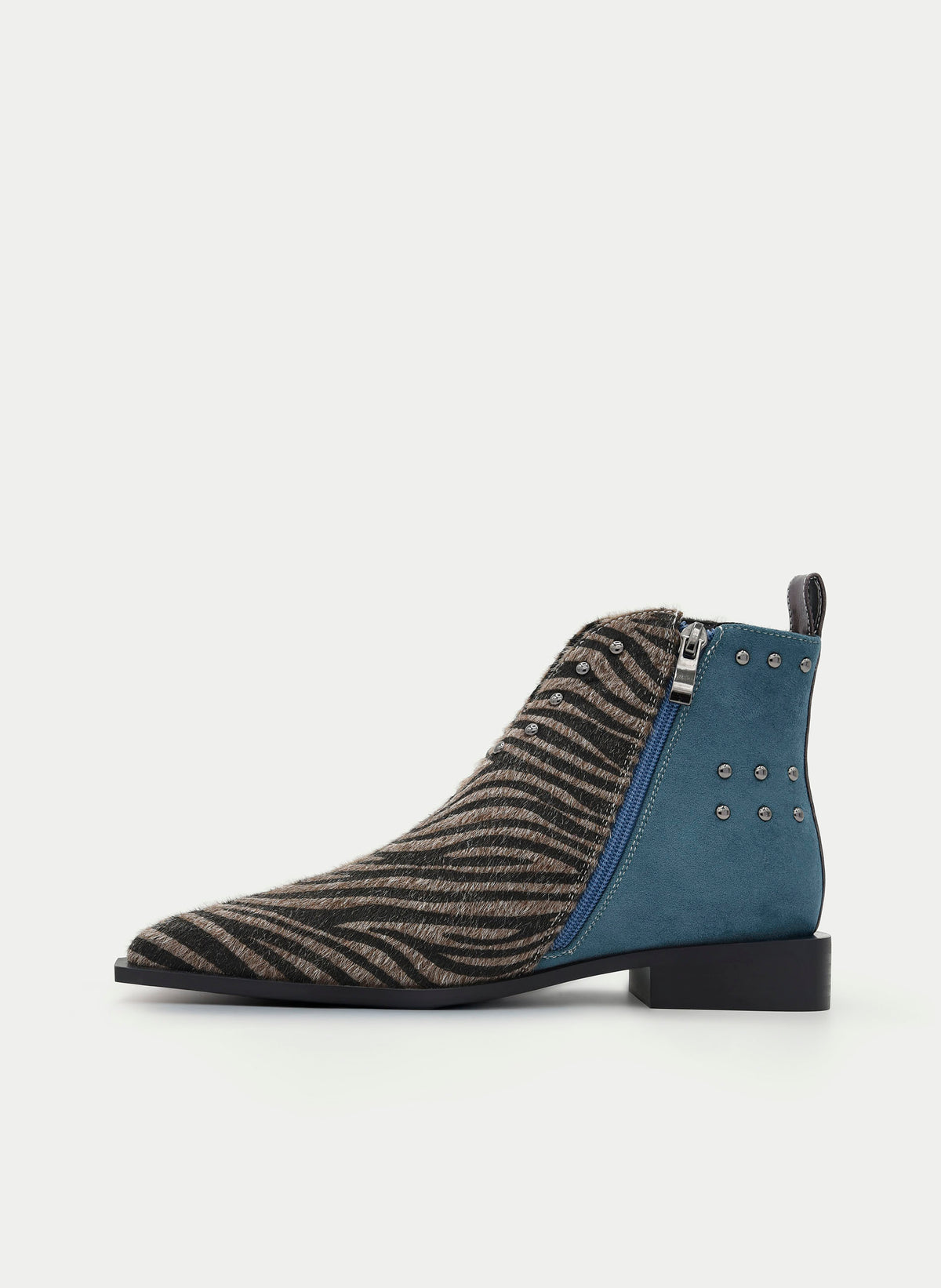 BLUE ZEBRA PRINT BOOTIE WITH STUDS AND POINTED TOE