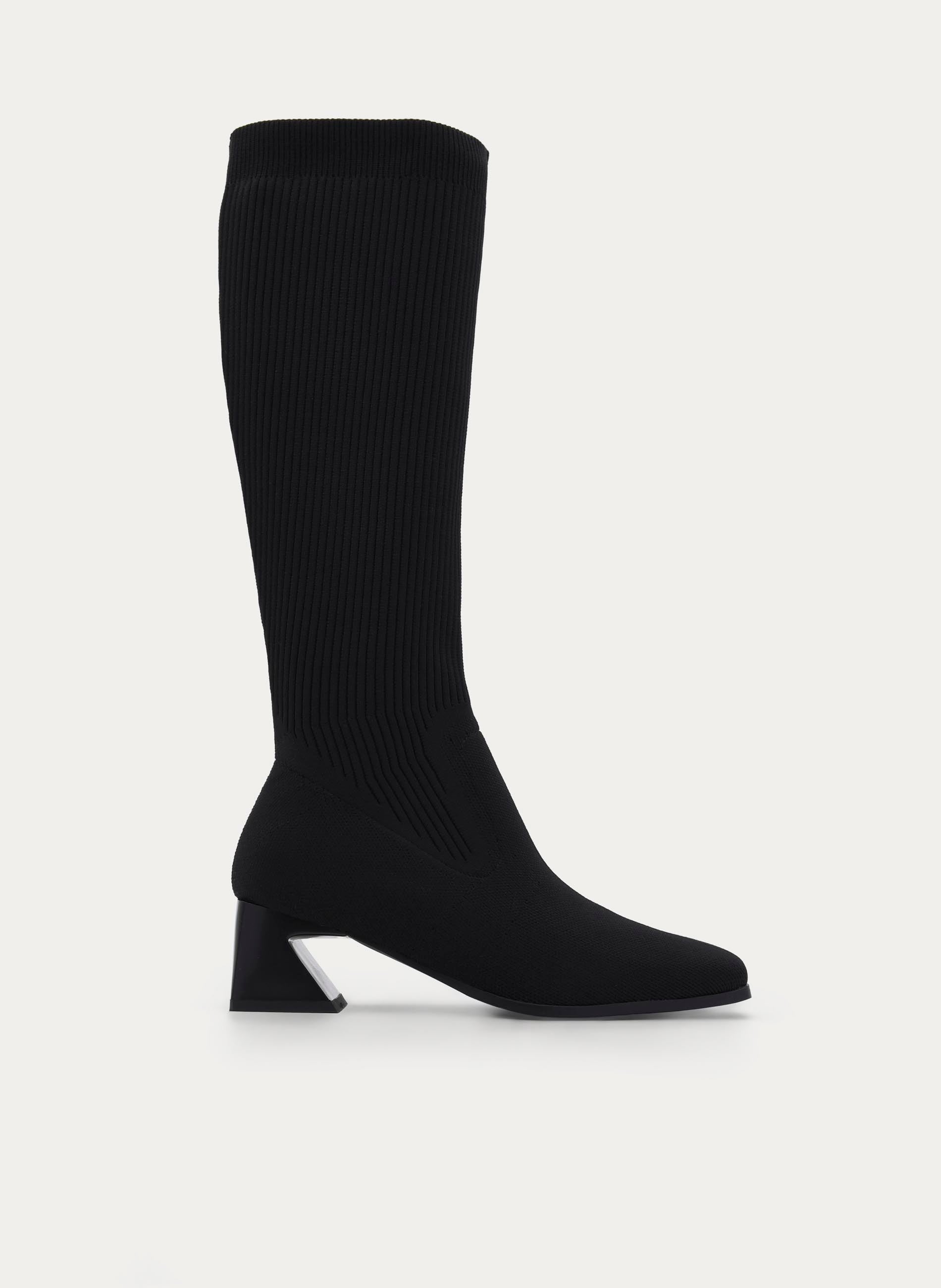 BLACK HIGH SOCK BOOT WITH BLOCK HEEL