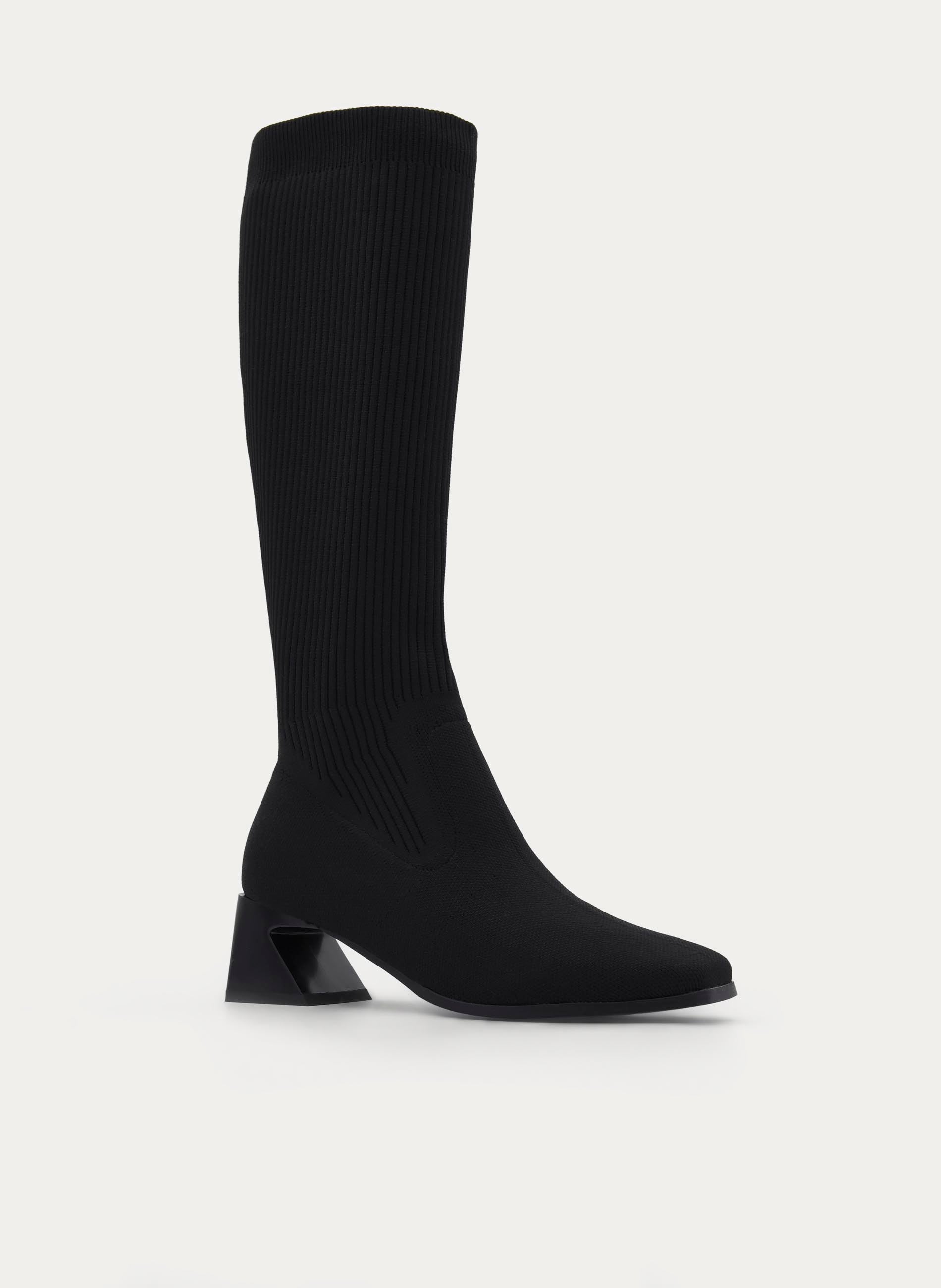 BLACK HIGH SOCK BOOT WITH BLOCK HEEL