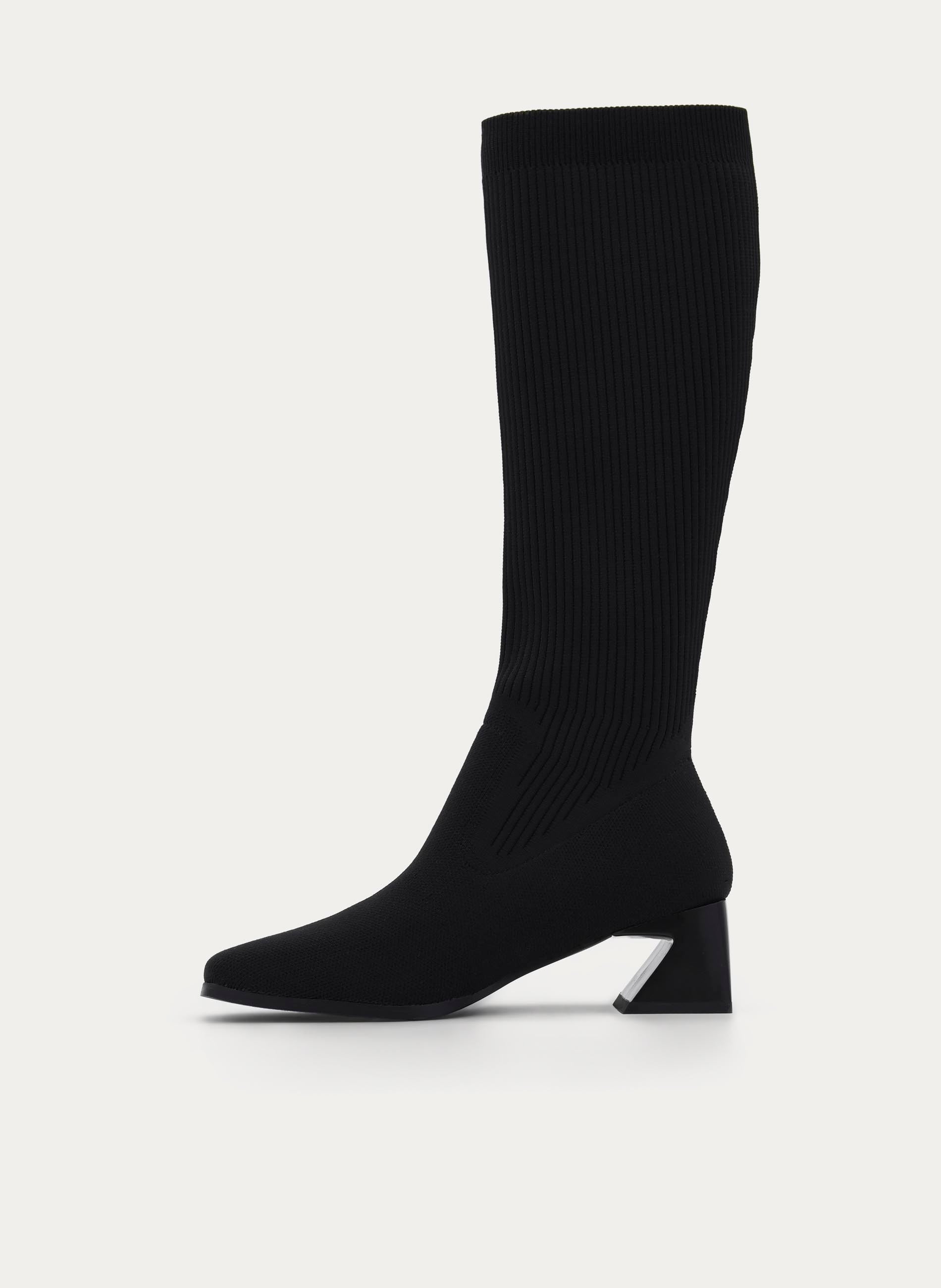 BLACK HIGH SOCK BOOT WITH BLOCK HEEL
