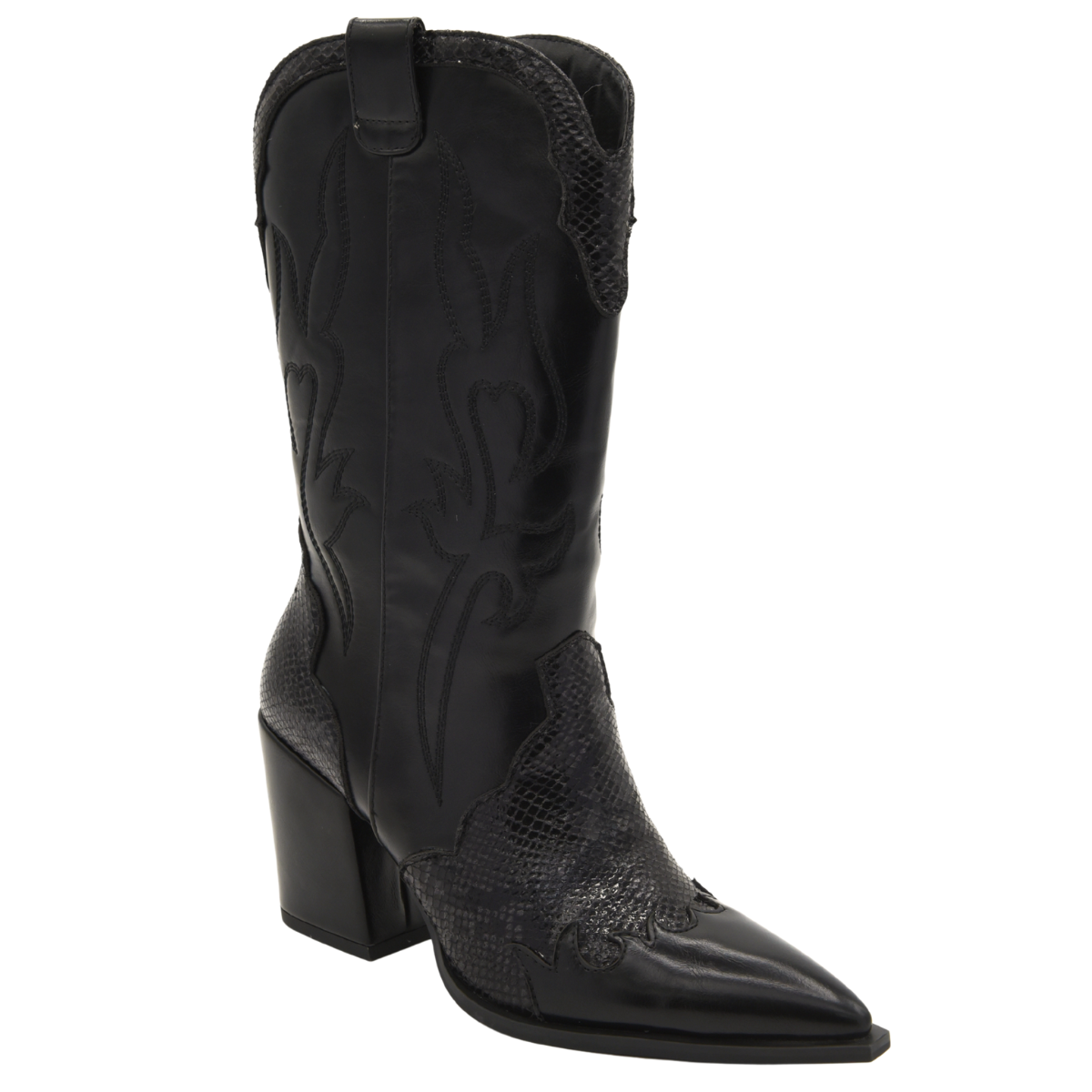 BLACK COWBOY BOOT SNAKE EFFECT HIGH HEEL