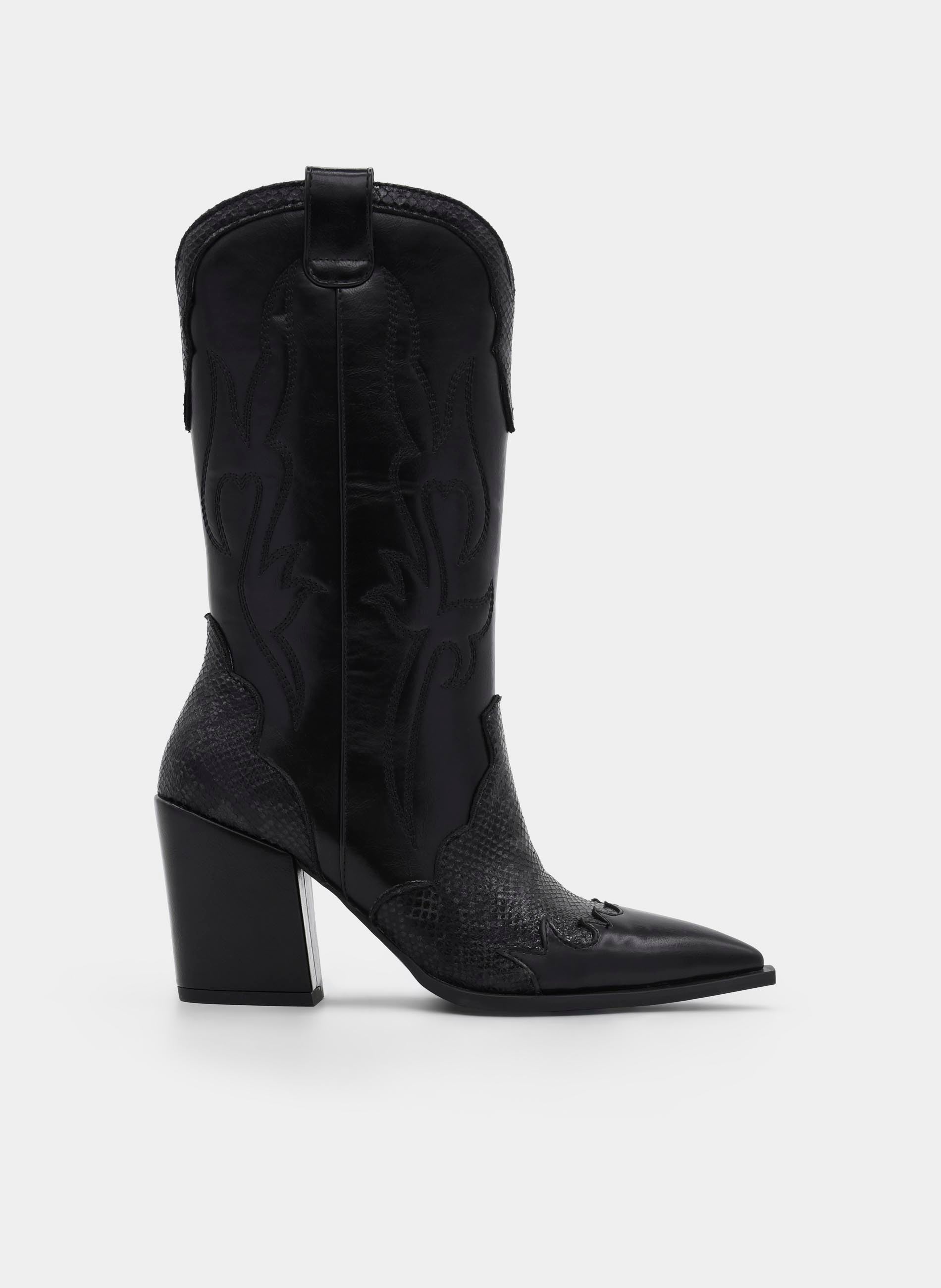 BLACK COWBOY BOOT SNAKE EFFECT HIGH HEEL