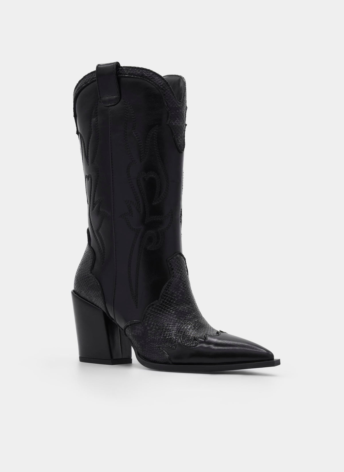 BLACK COWBOY BOOT SNAKE EFFECT HIGH HEEL