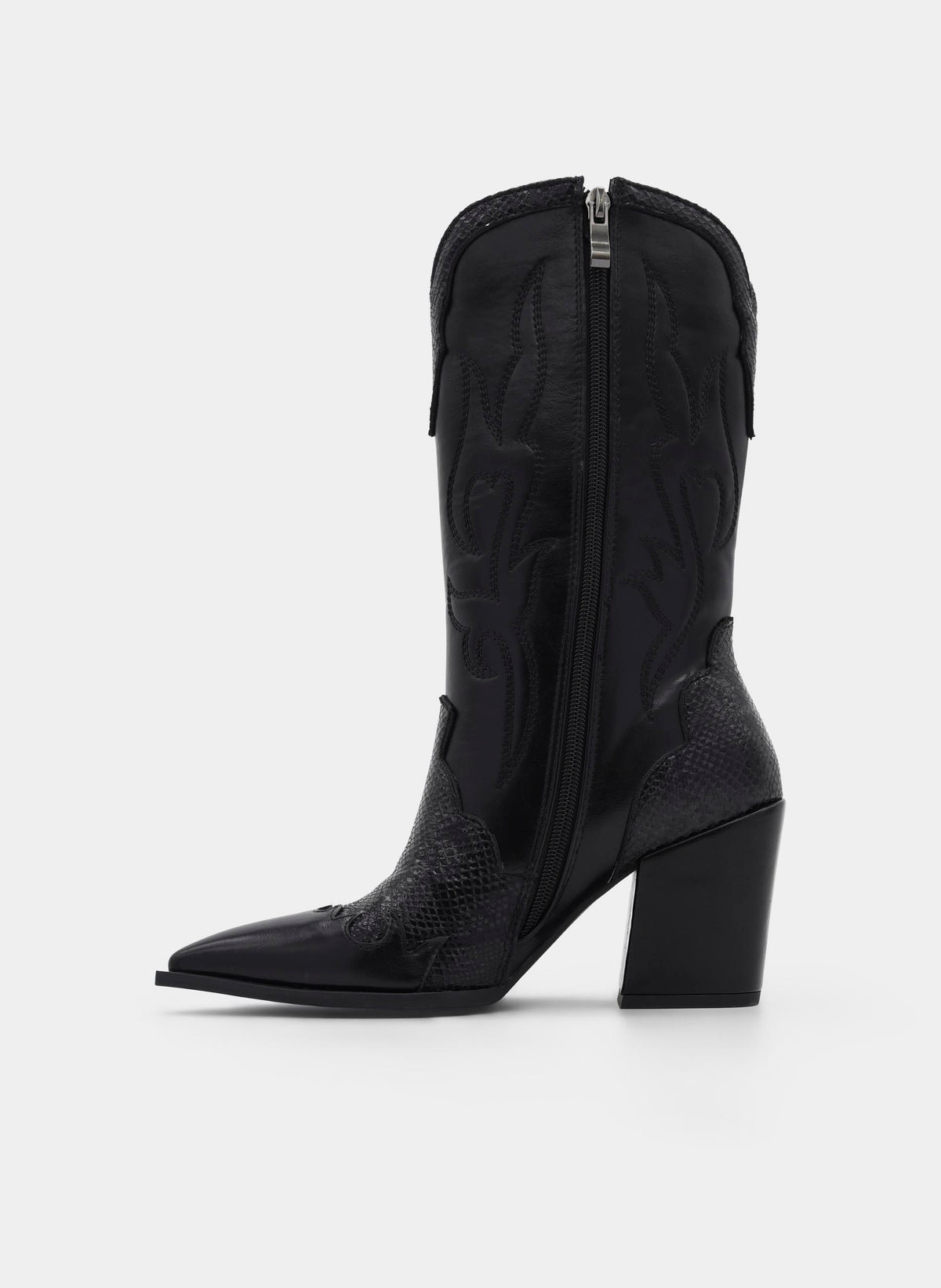 BLACK COWBOY BOOT SNAKE EFFECT HIGH HEEL