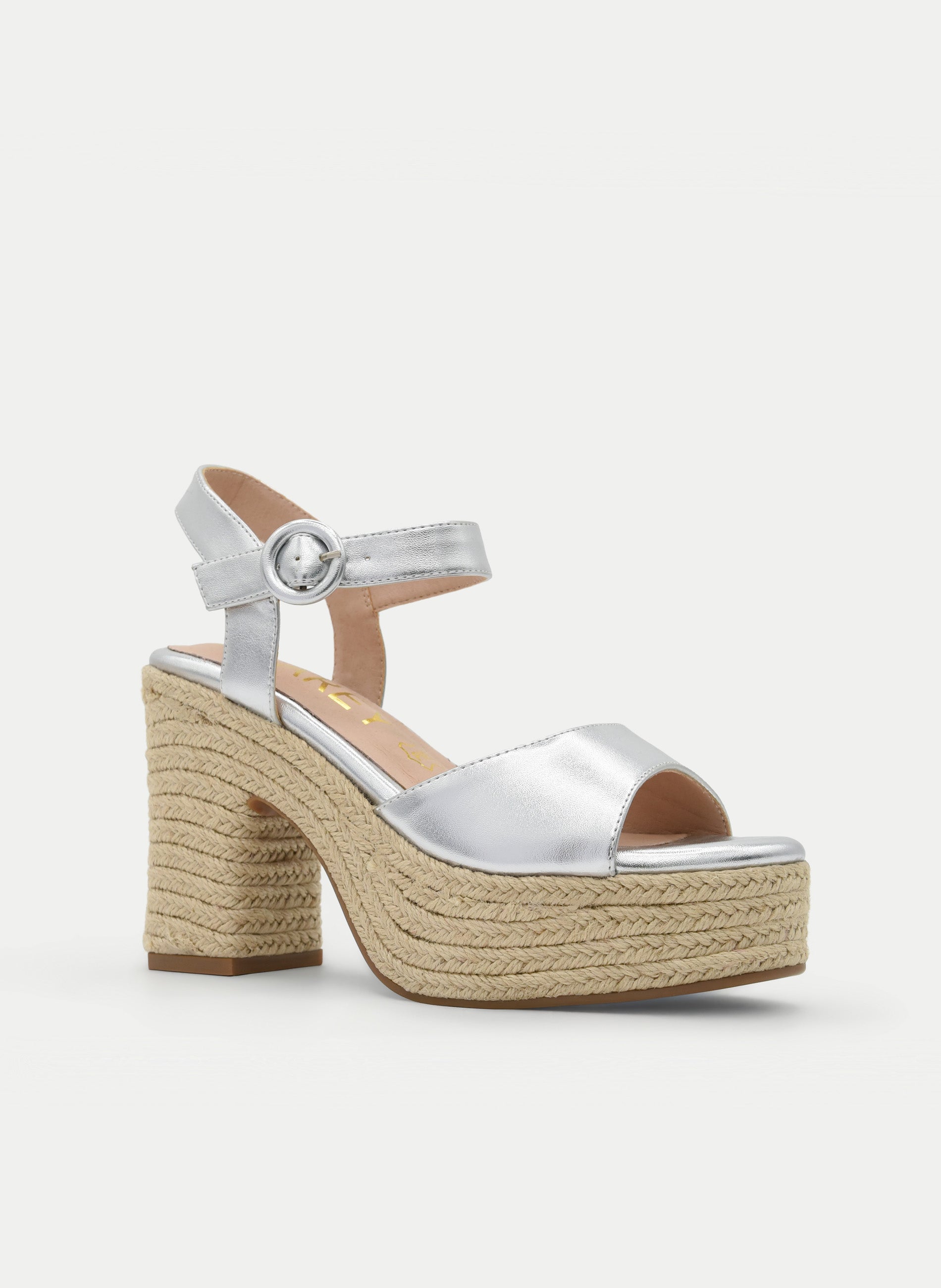 SANDALIAS DE TACÓN PLATA CON PLATAFORMA DE YUTE