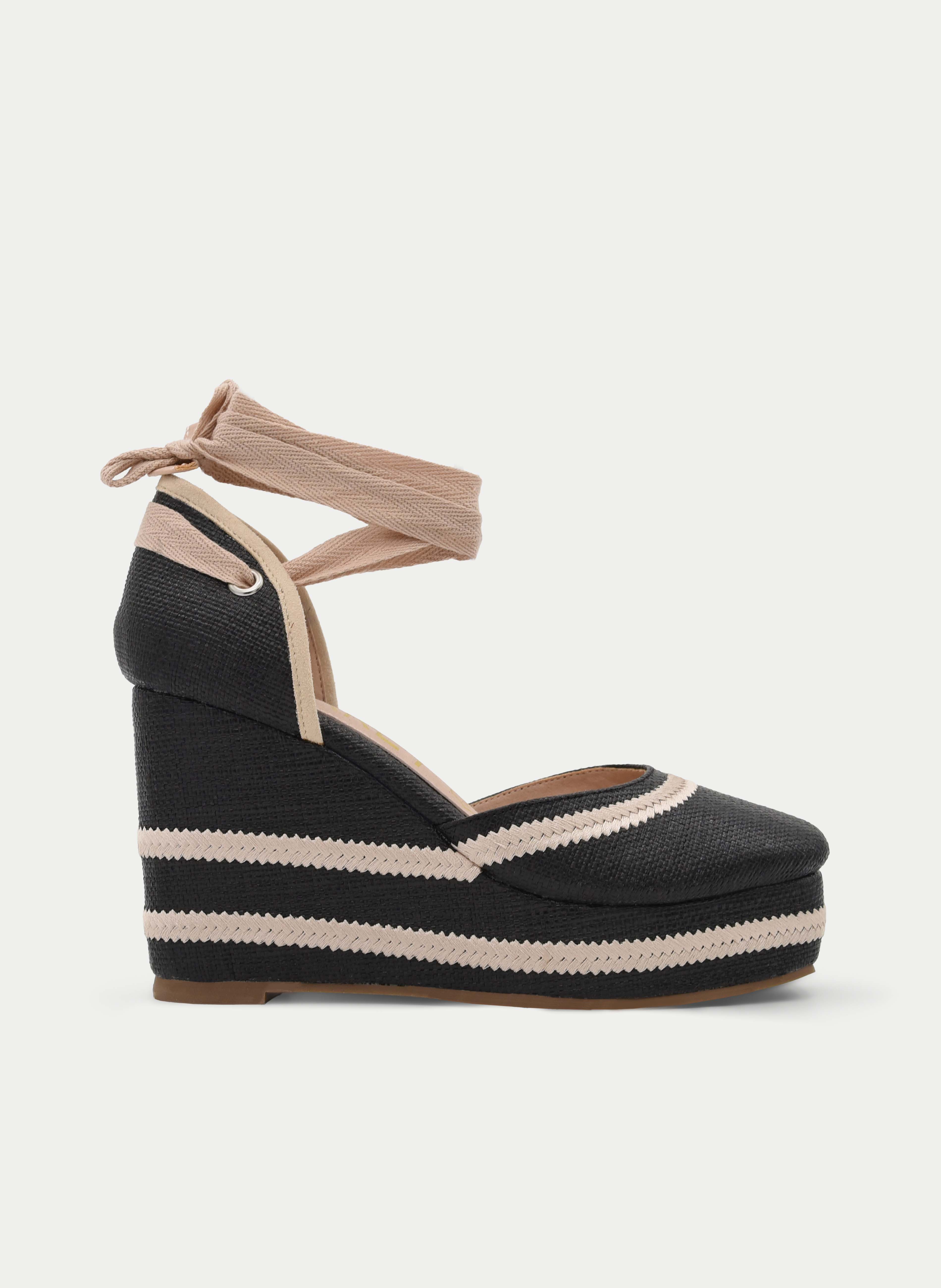 BLACK WEDGE SANDAL WITH BEIGE STRIPES AND TIE ANKLE STRAP