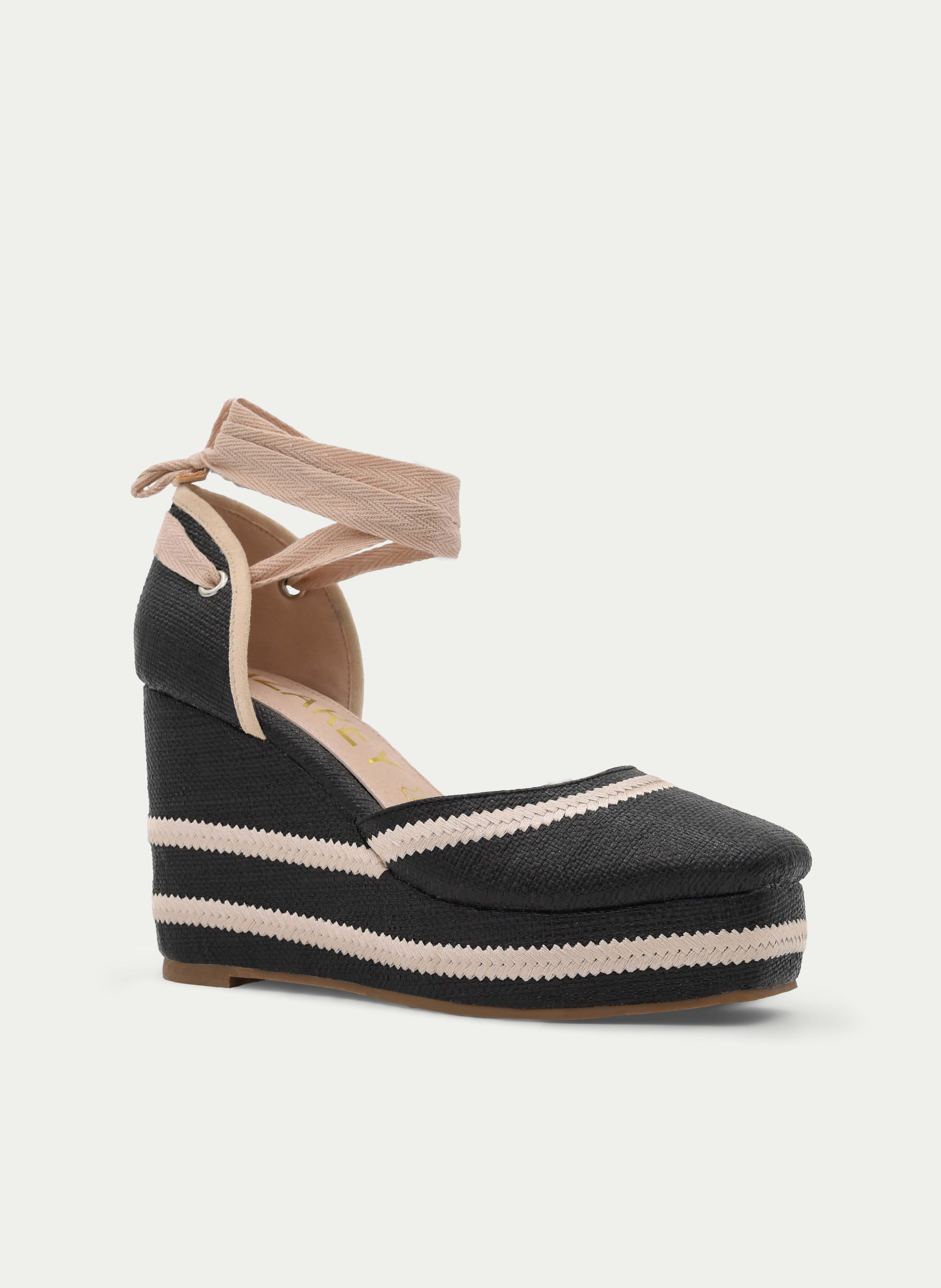 BLACK WEDGE SANDAL WITH BEIGE STRIPES AND TIE ANKLE STRAP
