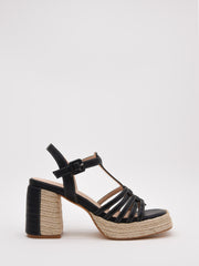 Black heeled sandals with jute platform