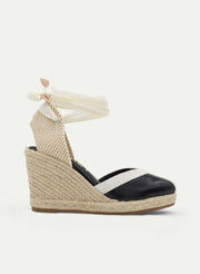 BLACK AND BEIGE WEDGE ESPADRILLE WITH TIE