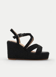 BLACK WEDGE SANDAL WITH BRAIDED CROSSOVER STRAPS