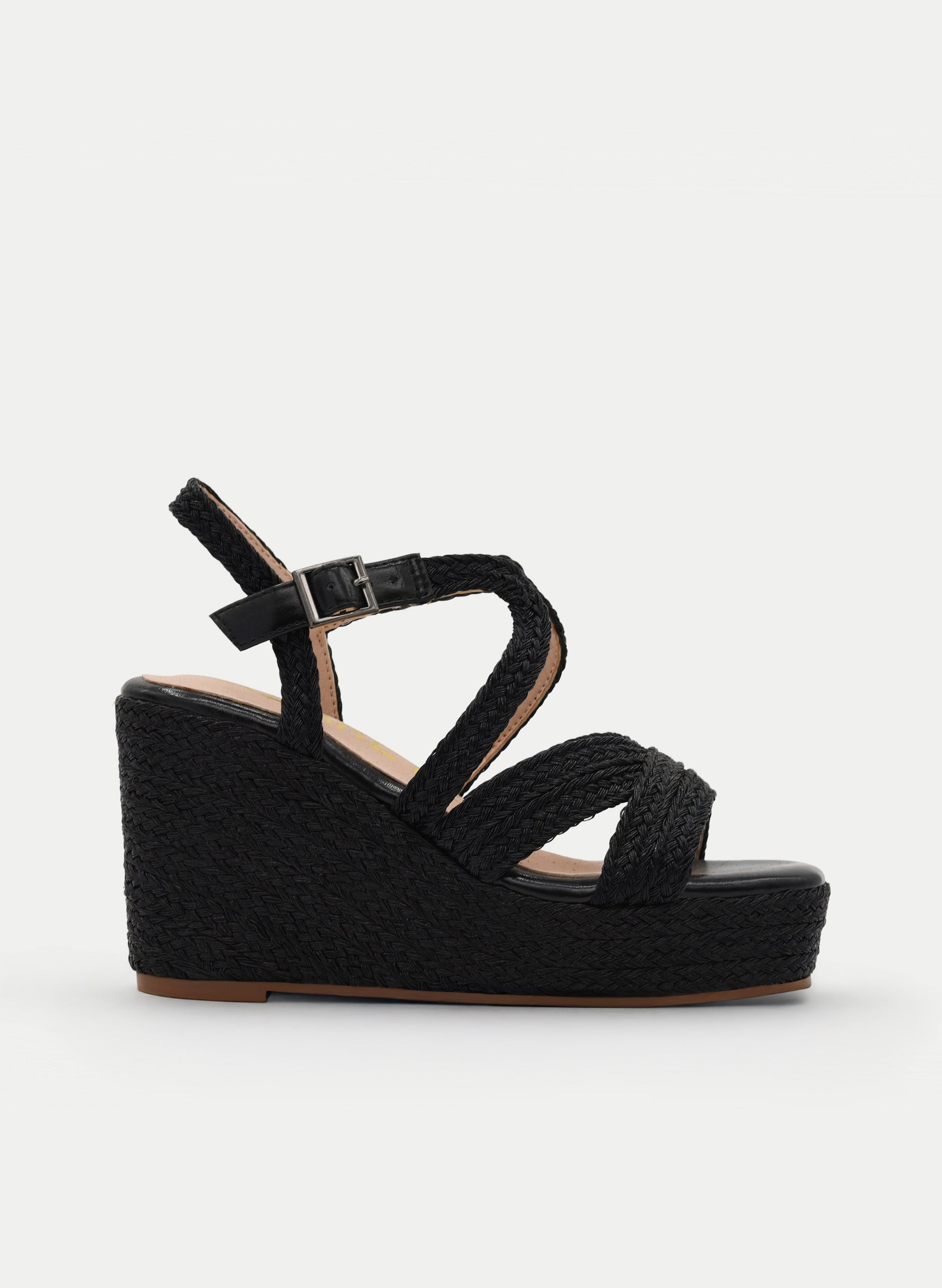 BLACK WEDGE SANDAL WITH BRAIDED CROSSOVER STRAPS