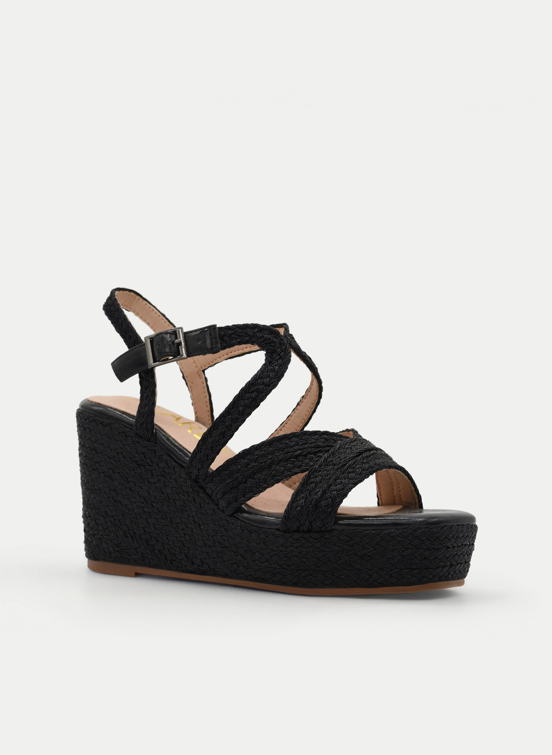 BLACK WEDGE SANDAL WITH BRAIDED CROSSOVER STRAPS