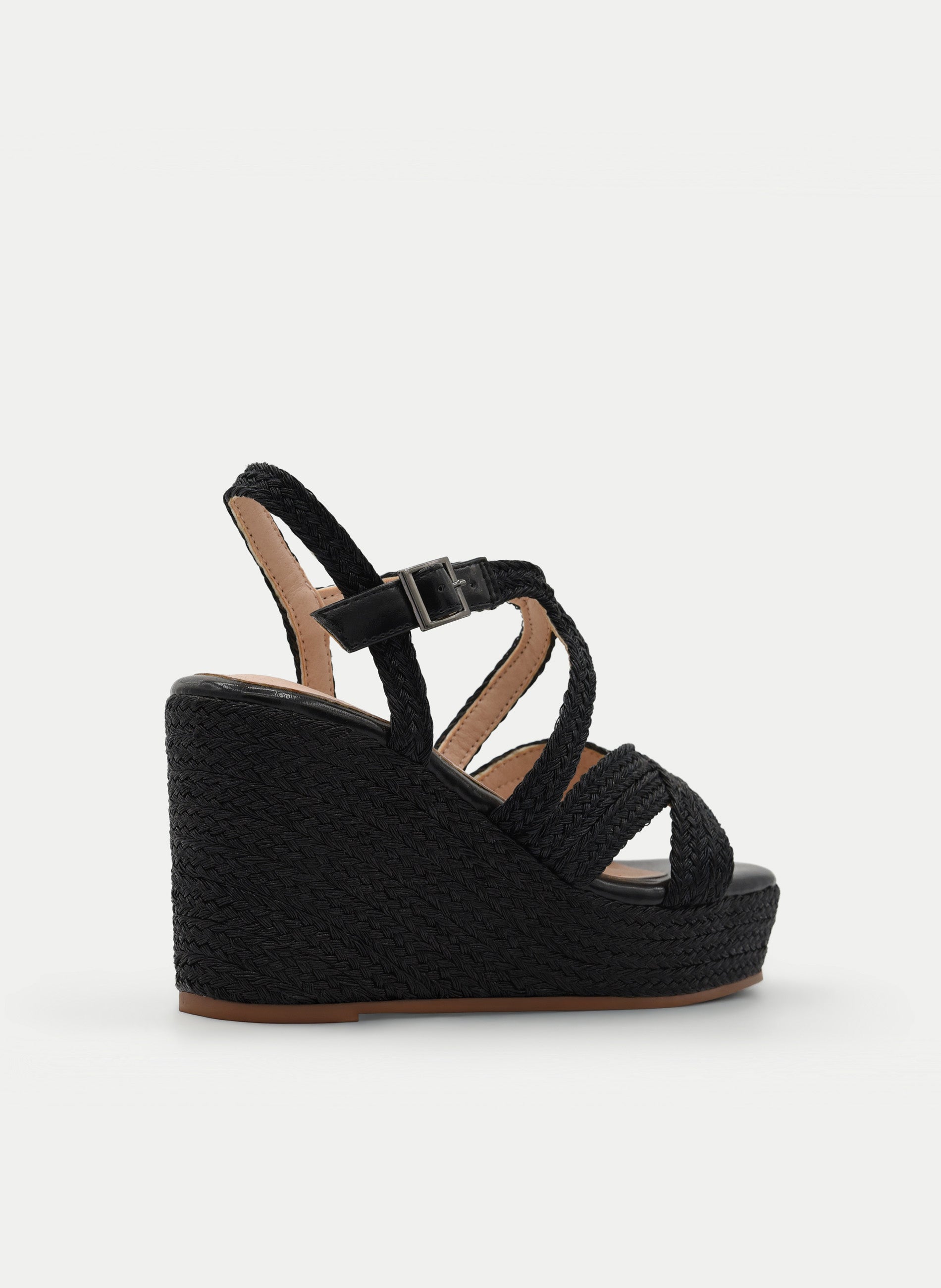 BLACK WEDGE SANDAL WITH BRAIDED CROSSOVER STRAPS