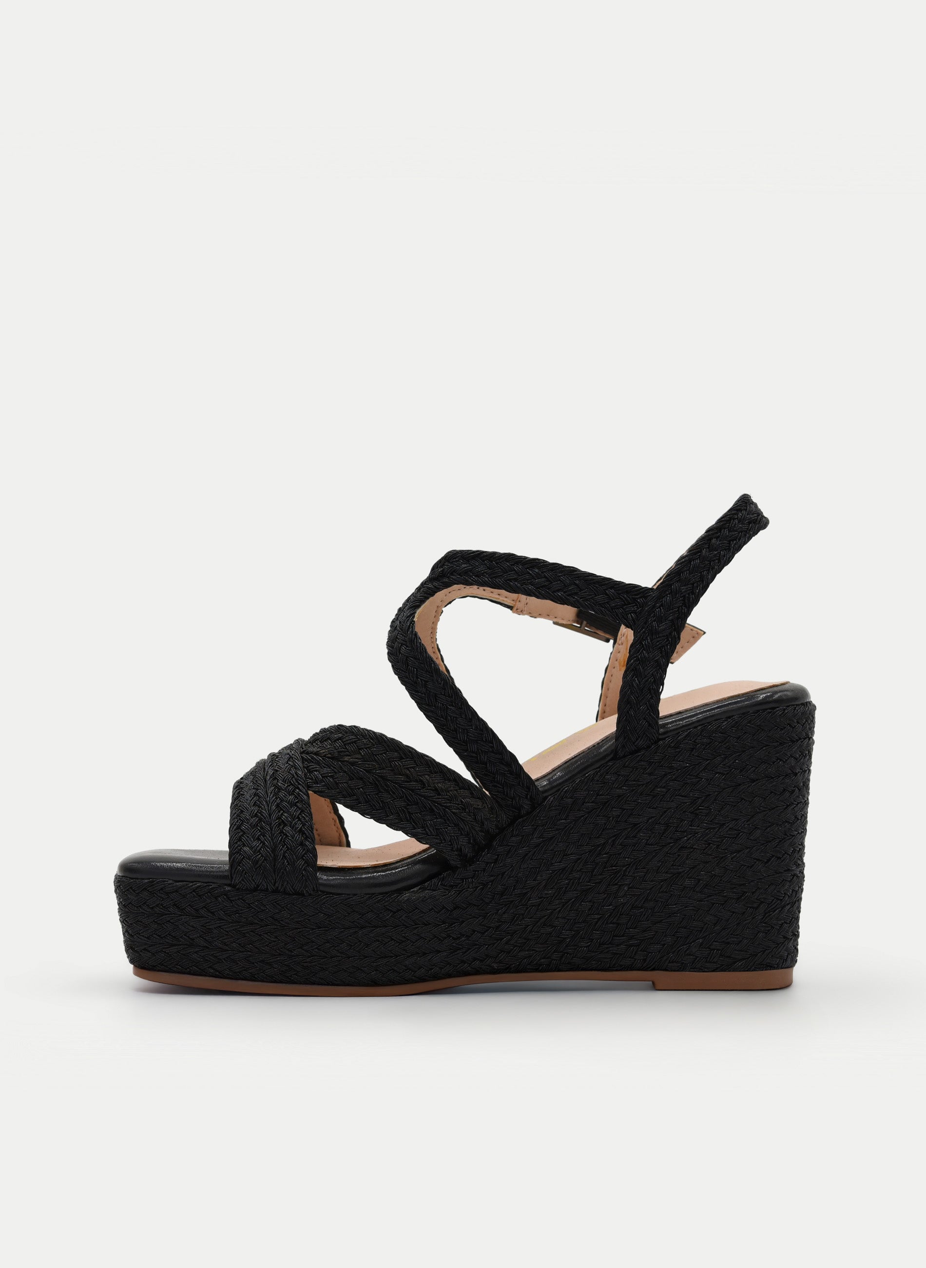 BLACK WEDGE SANDAL WITH BRAIDED CROSSOVER STRAPS