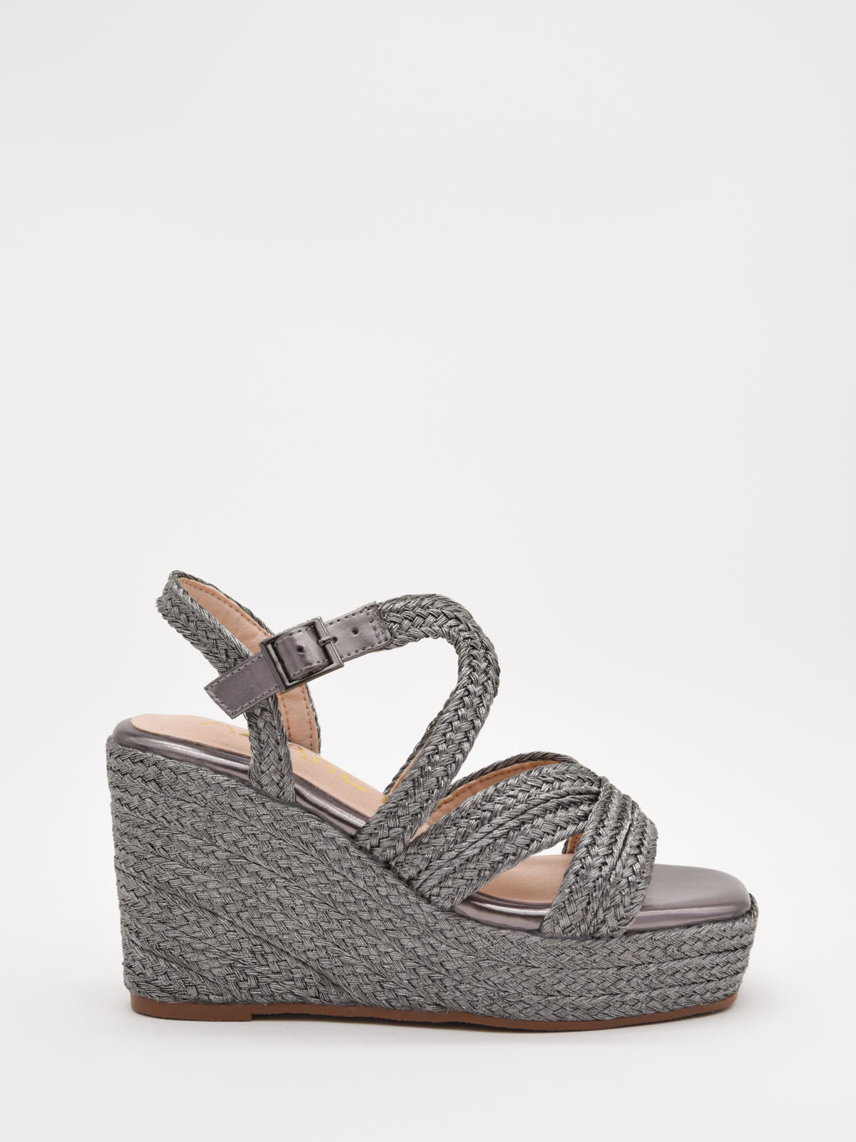 Grey jute espadrille wedges with cross-over straps and platform