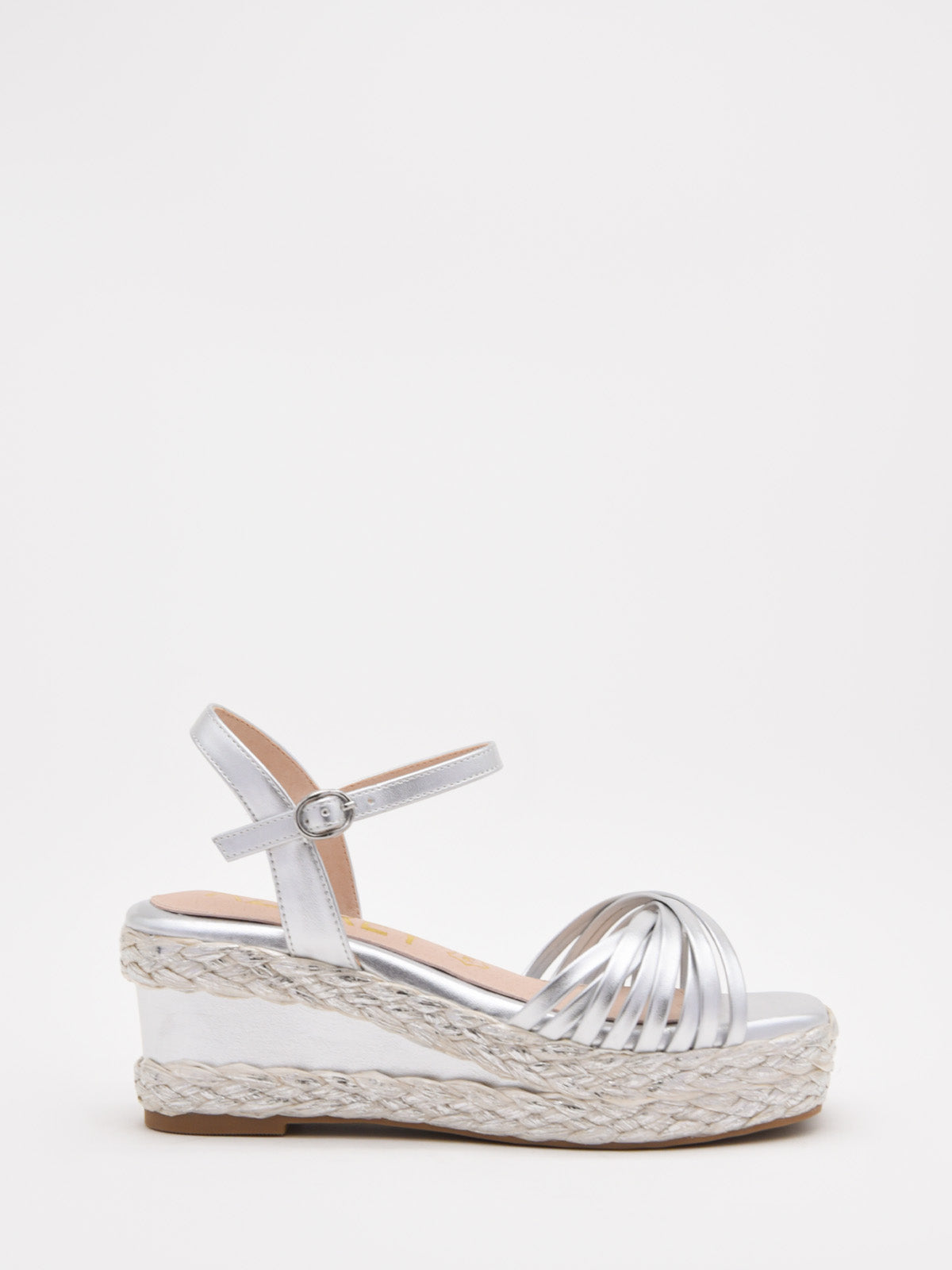 Silver wedge sandals with a woven platform and elegant straps