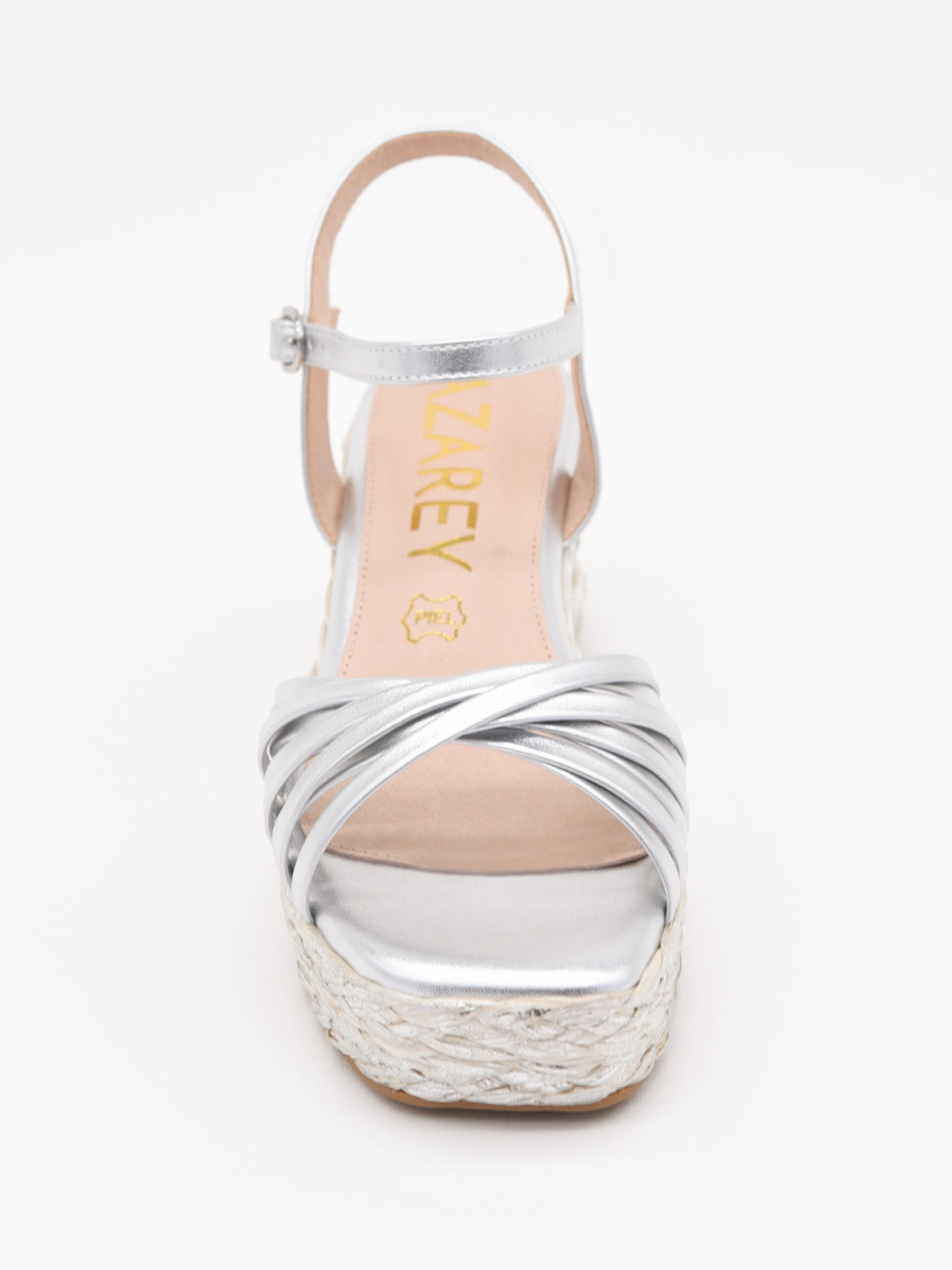 Silver wedge sandals with a woven platform and elegant straps