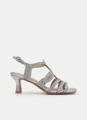 BRAIDED SILVER SANDALS WITH MEDIUM HEELS
