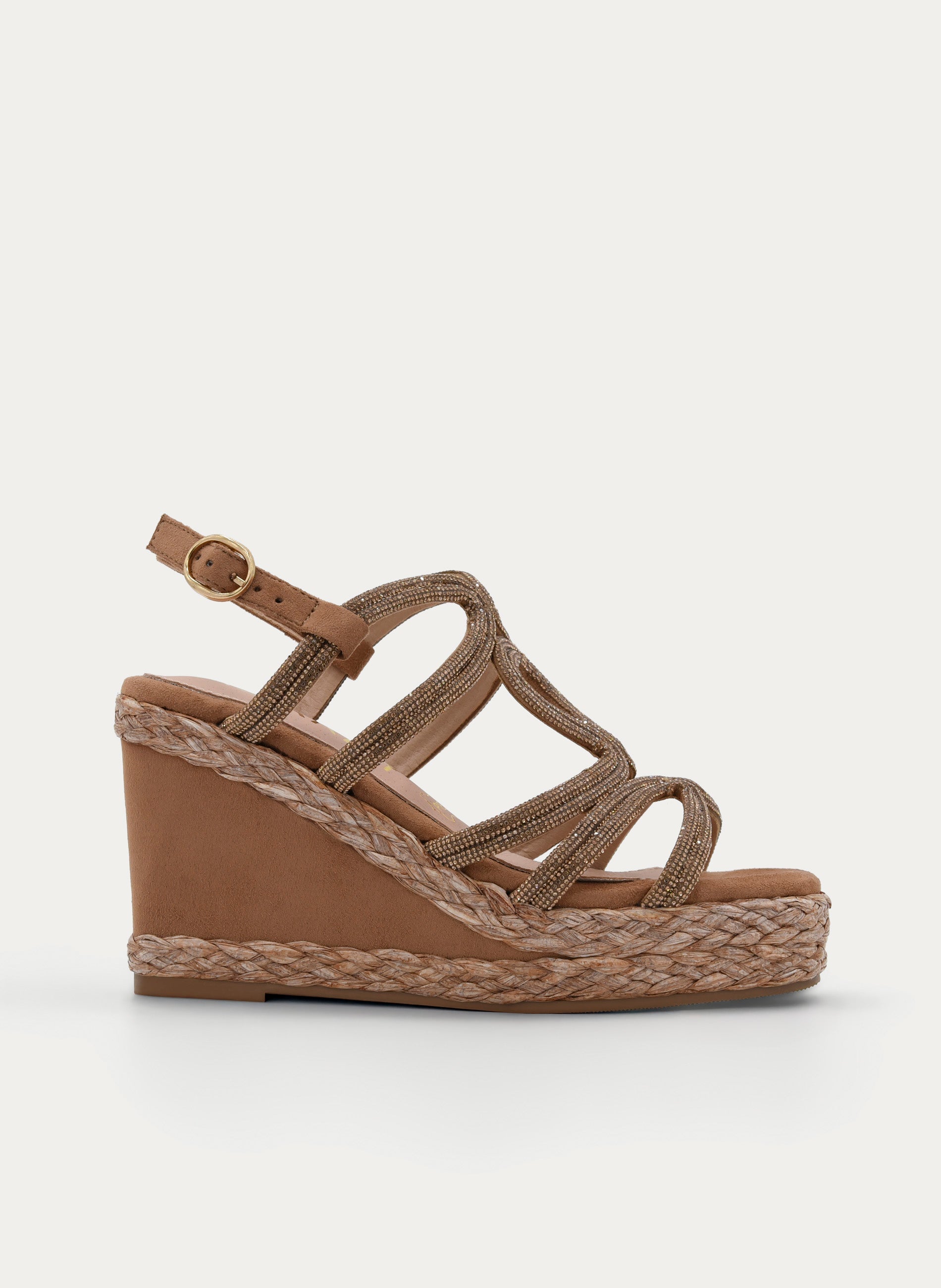 SANDALIA CUÑA BEIGE CON TIRAS STRASS