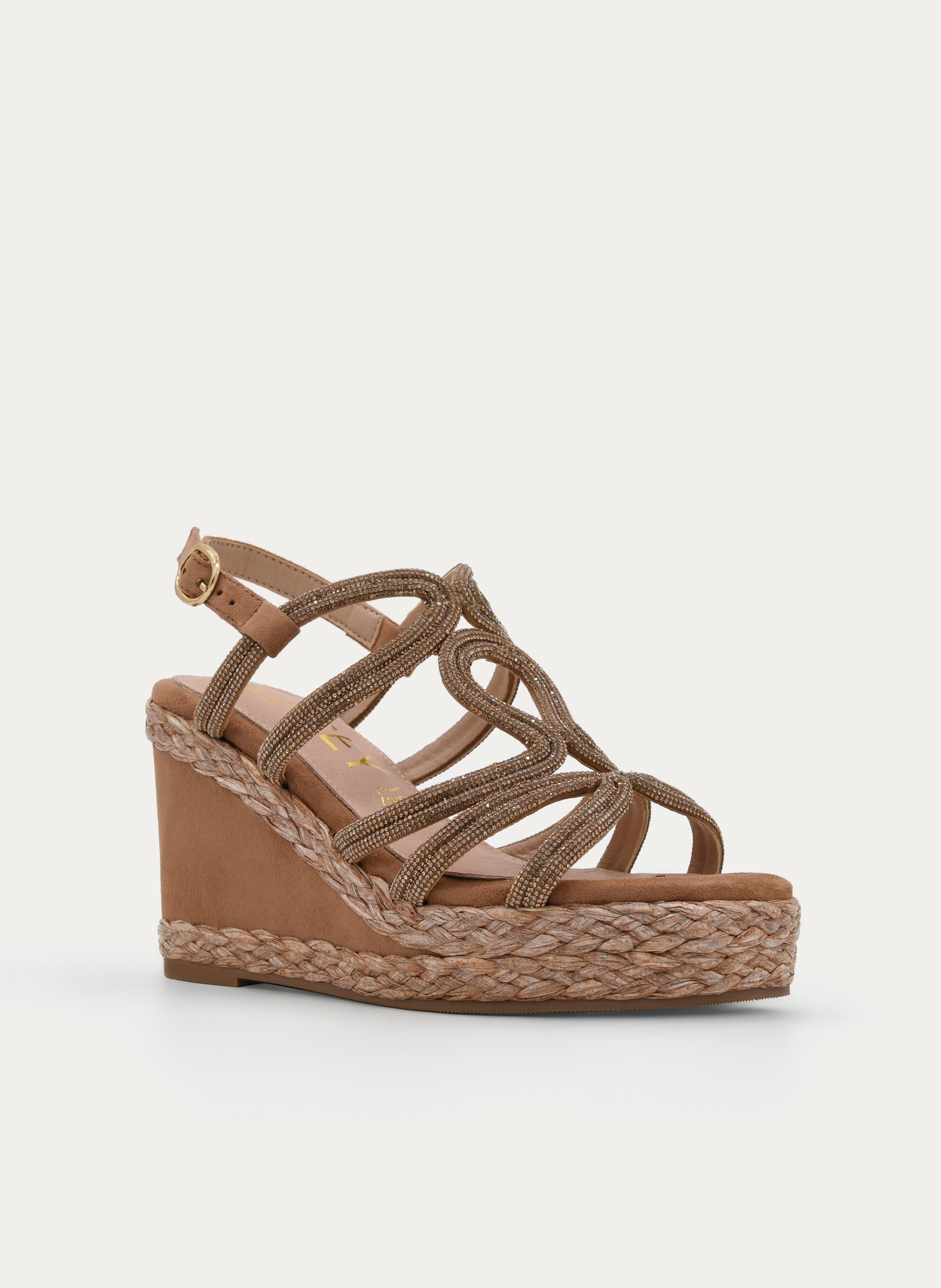 SANDALIA CUÑA BEIGE CON TIRAS STRASS