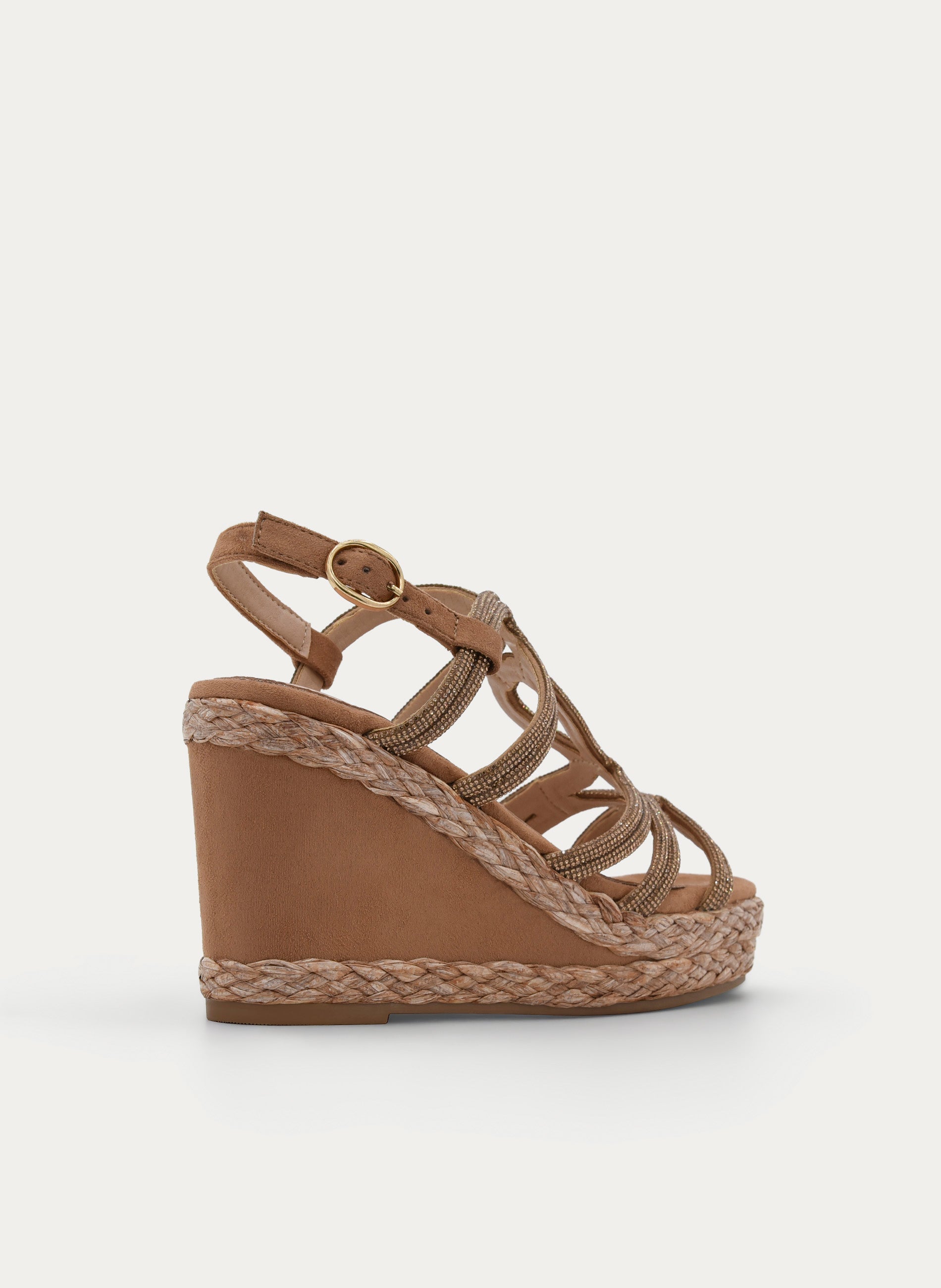 SANDALIA CUÑA BEIGE CON TIRAS STRASS