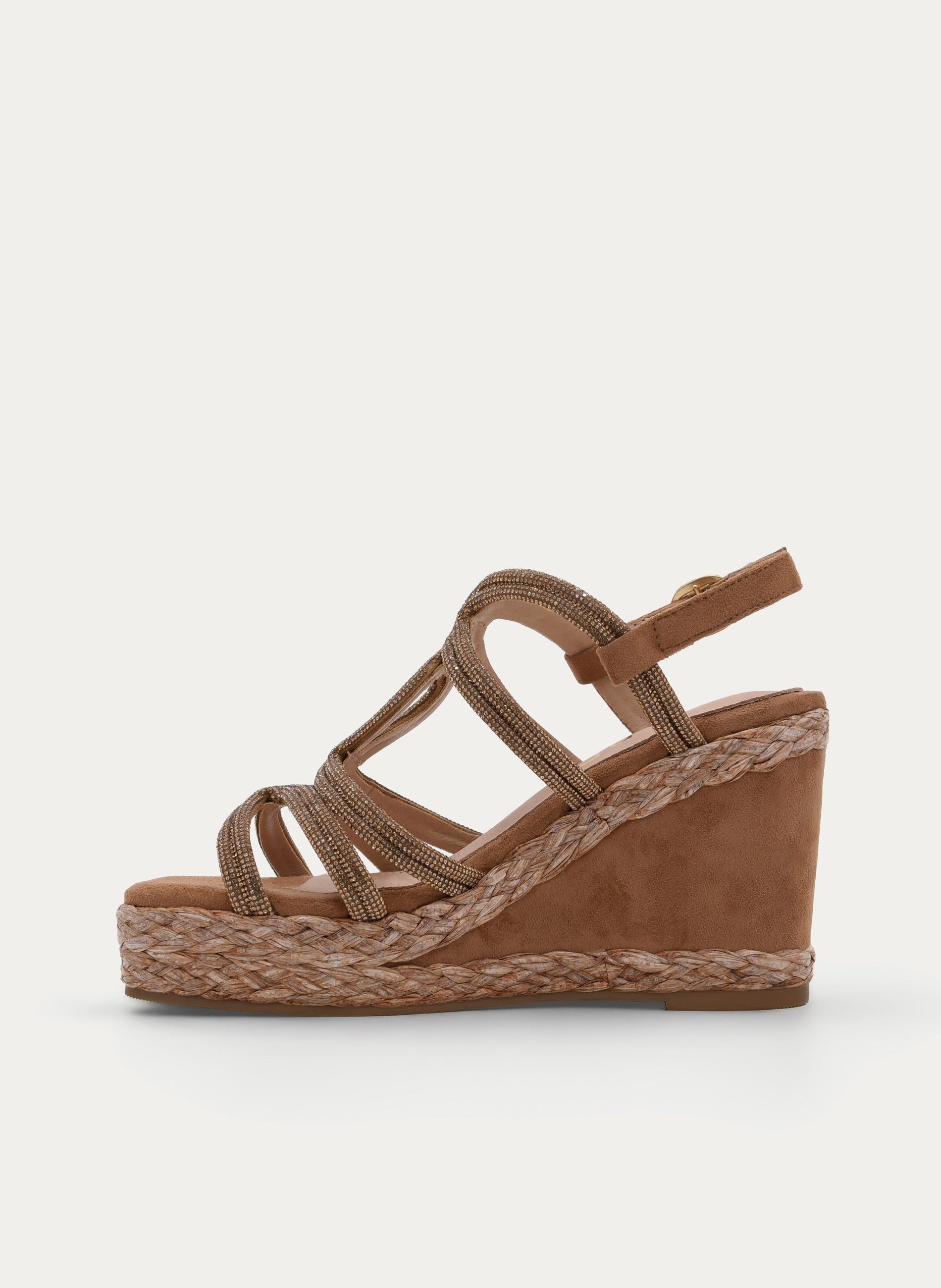 SANDALIA CUÑA BEIGE CON TIRAS STRASS