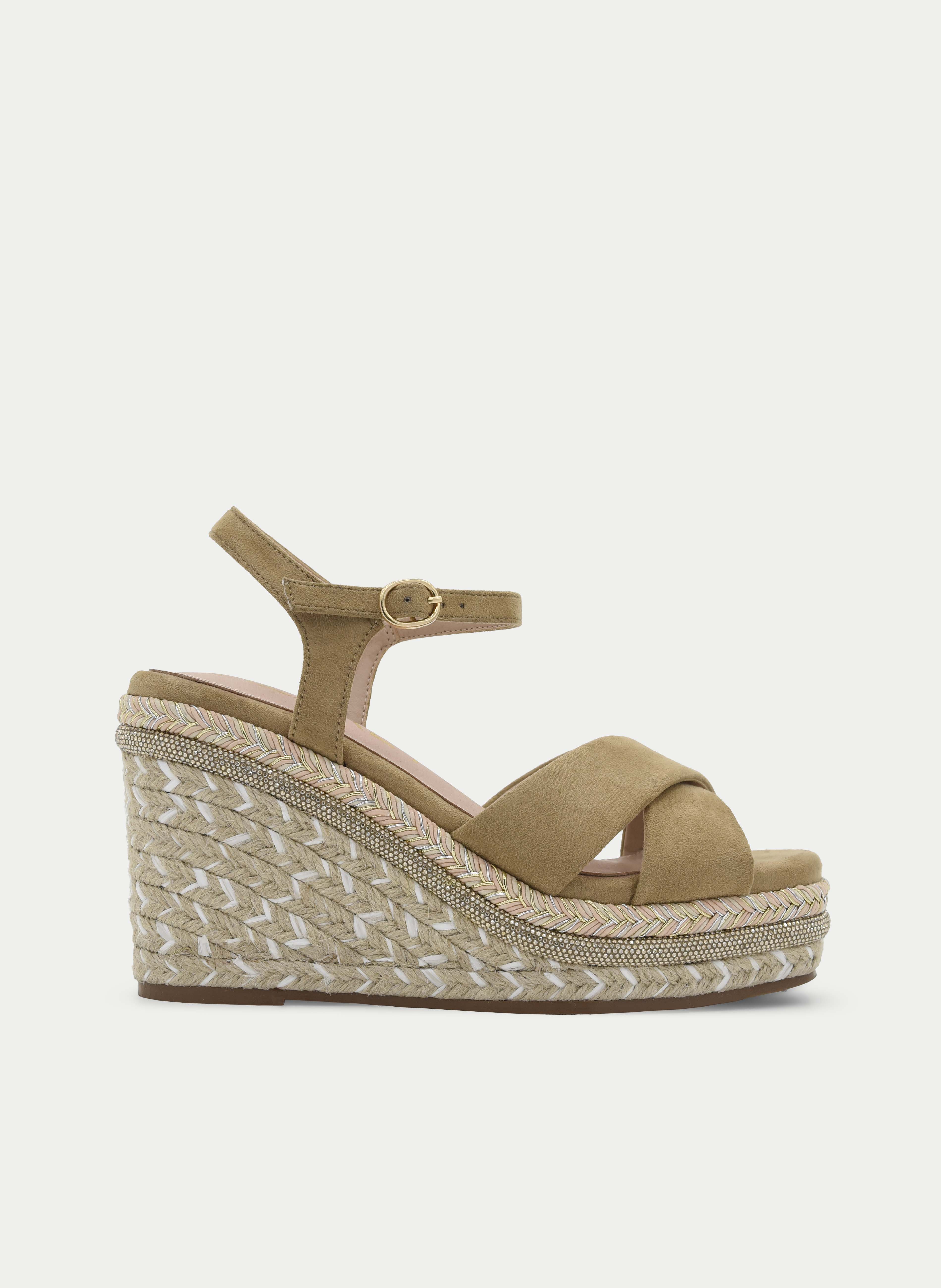 BEIGE HEMP WEDGE SANDAL WITH CROSSED ANKLE STRAP