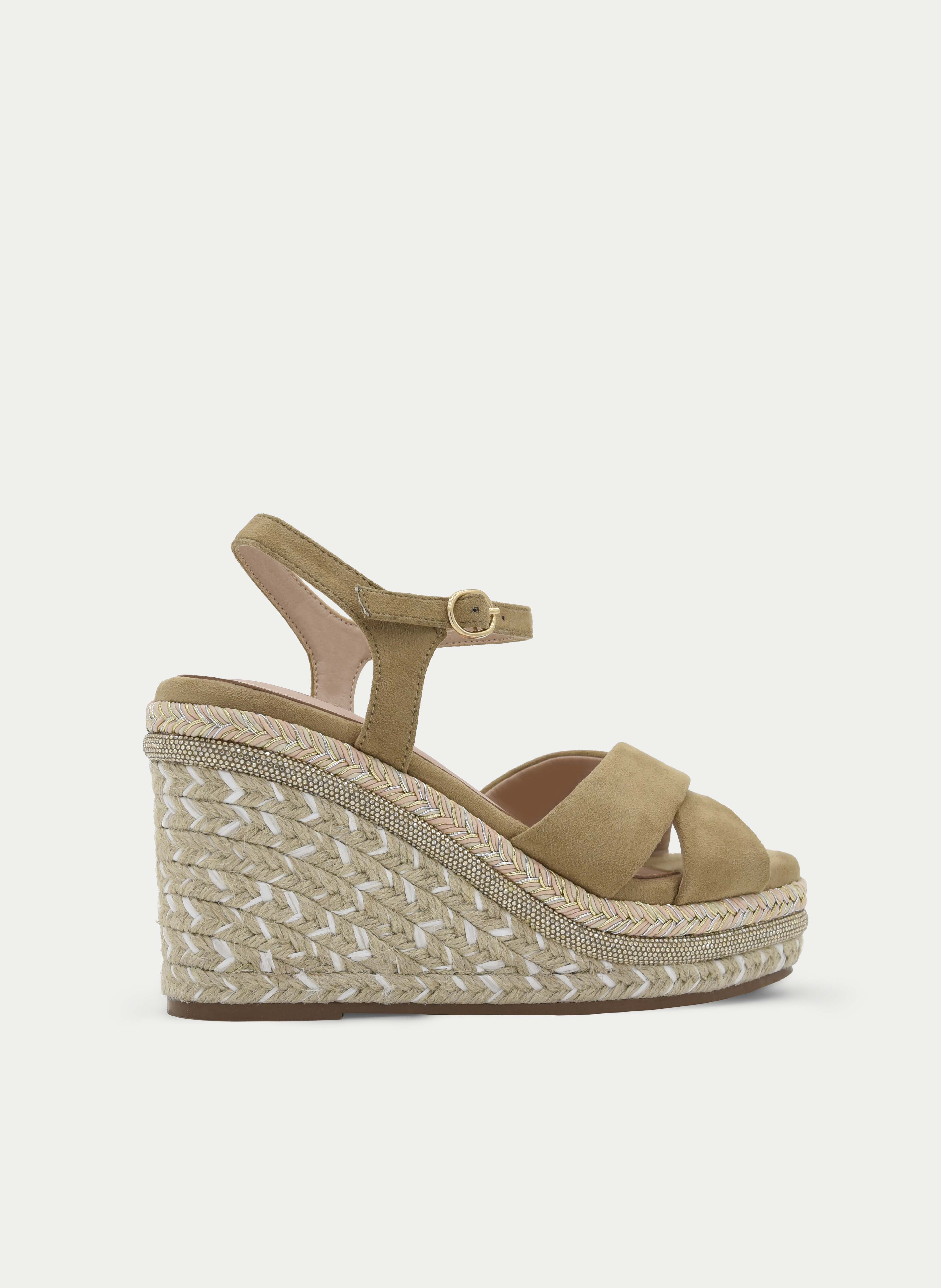 BEIGE HEMP WEDGE SANDAL WITH CROSSED ANKLE STRAP