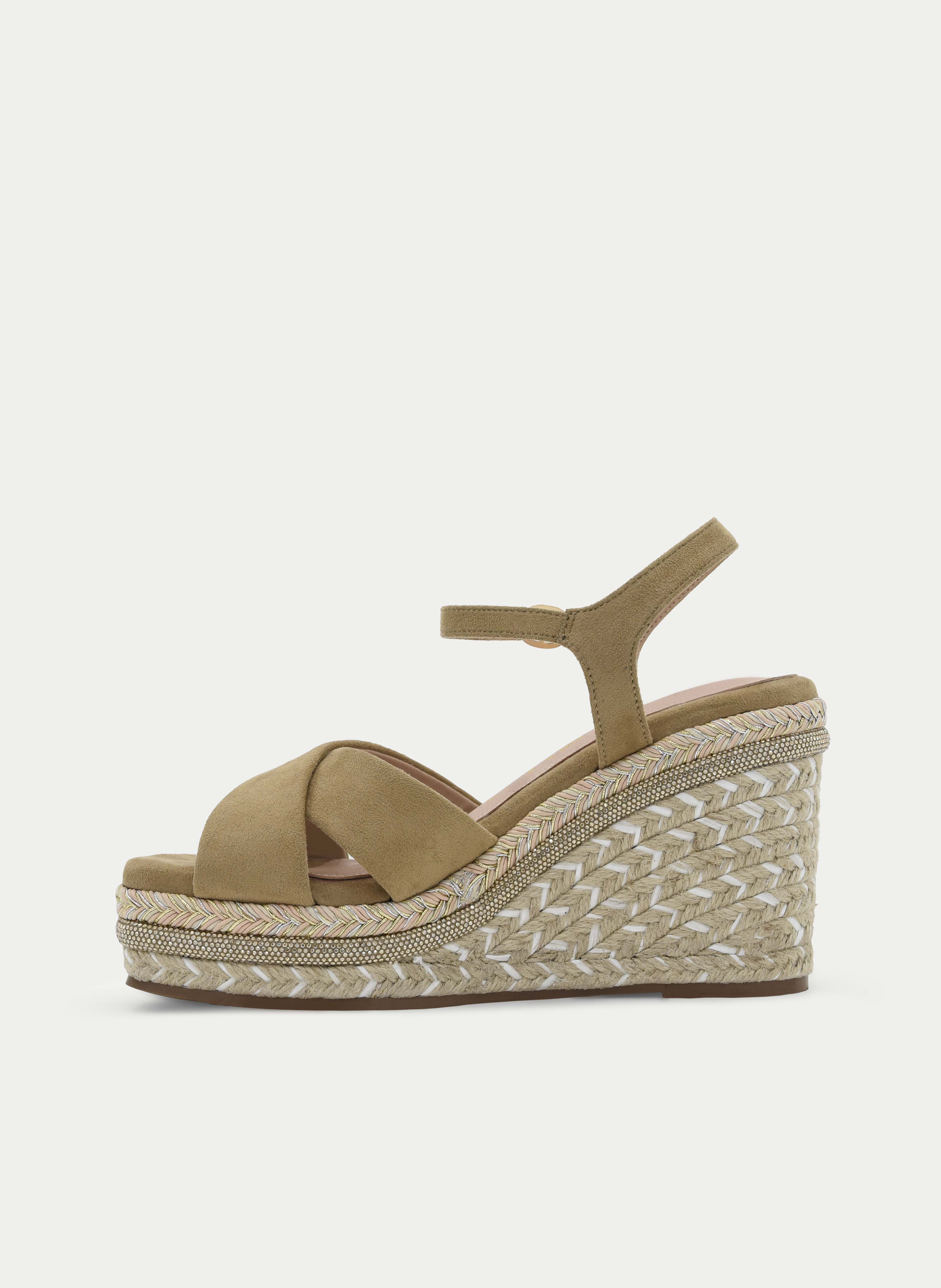 BEIGE HEMP WEDGE SANDAL WITH CROSSED ANKLE STRAP
