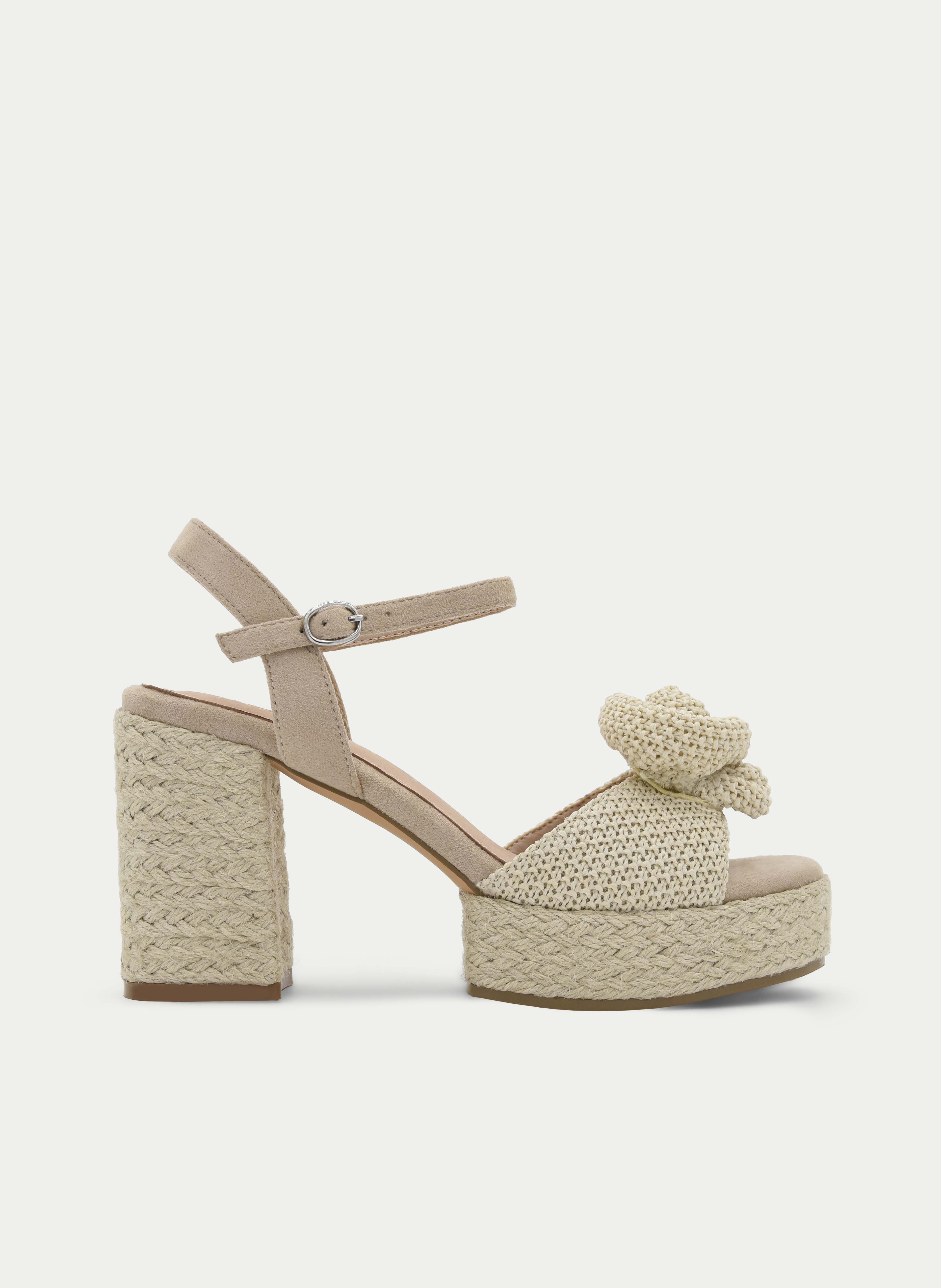 BEIGE JUTE FLOWER BLOCK HEEL SANDAL