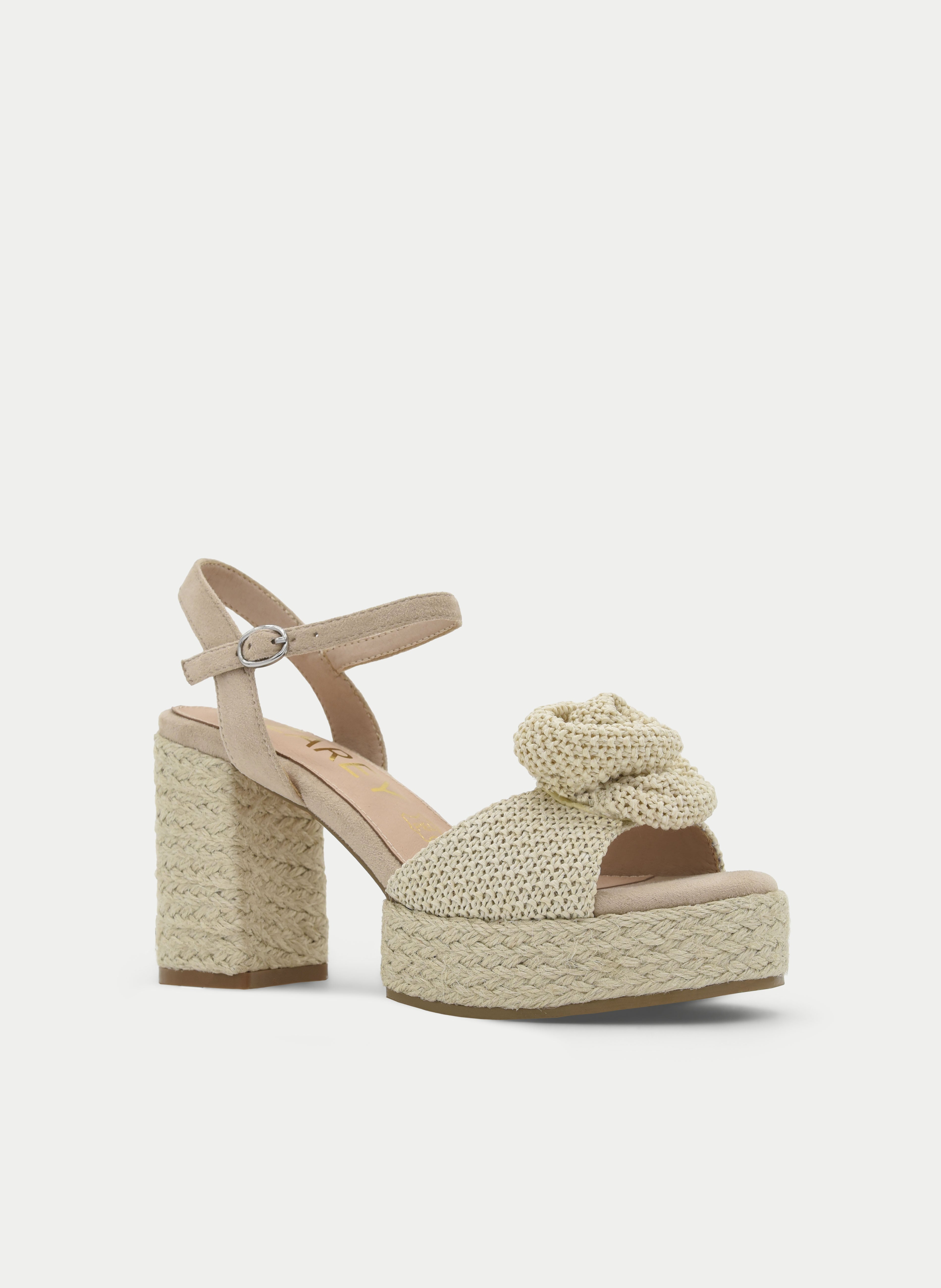 BEIGE JUTE FLOWER BLOCK HEEL SANDAL