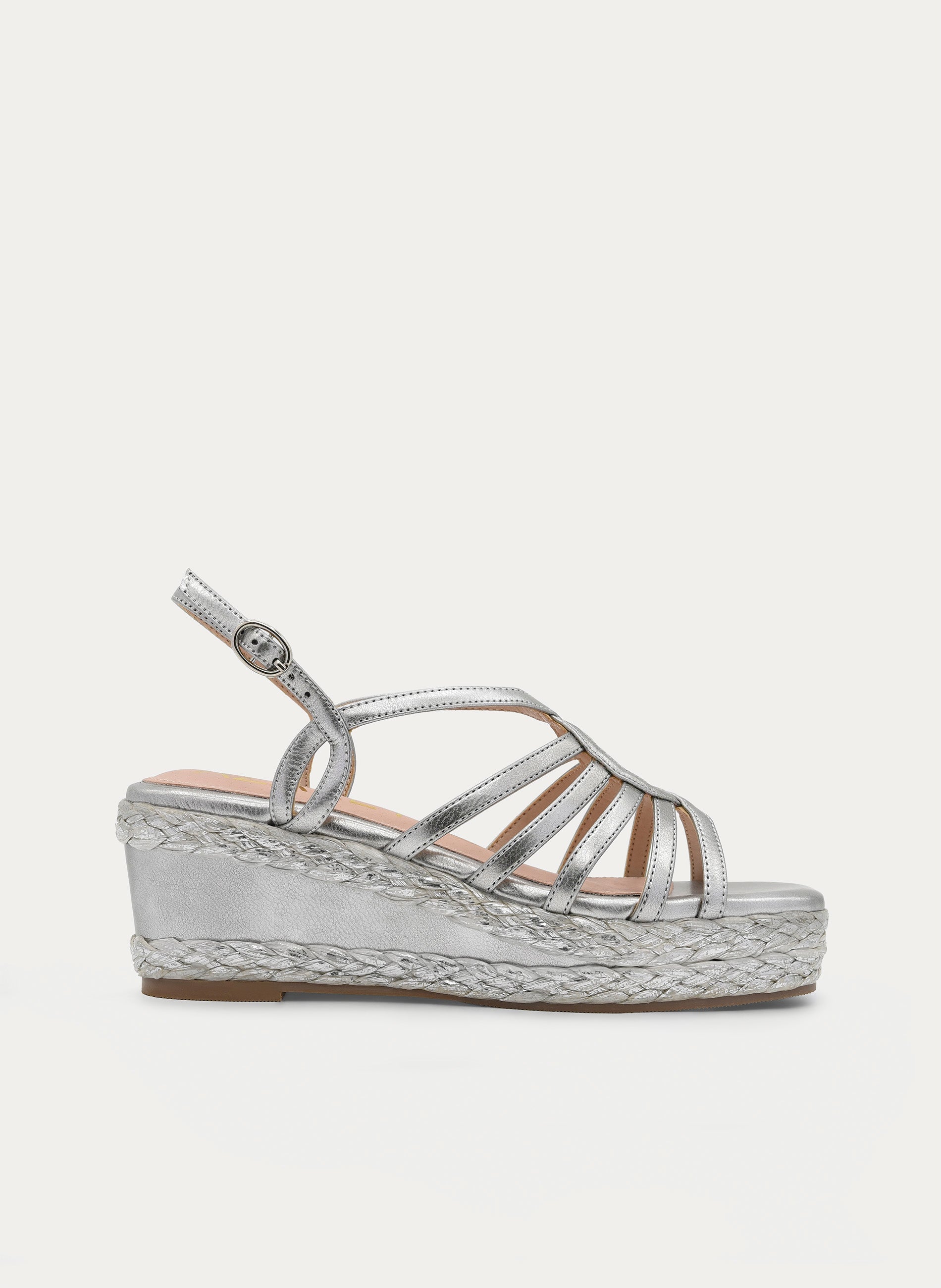 SANDALIA PLATA CON CUÑA Y TIRAS CRUZADAS