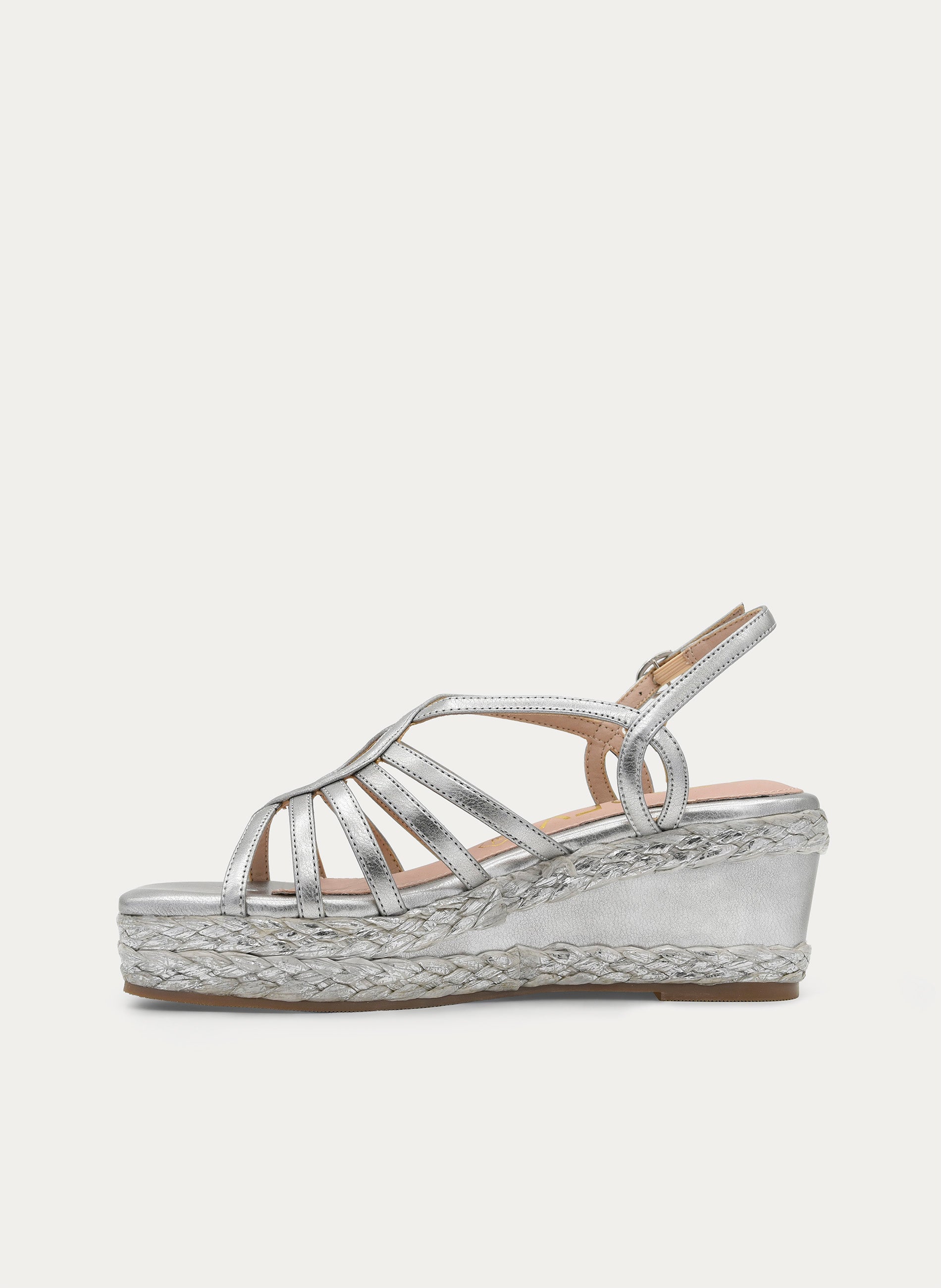 SANDALIA PLATA CON CUÑA Y TIRAS CRUZADAS