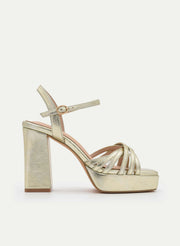 GOLD METALLIC BLOCK HEEL PLATFORM SANDAL WITH THIN STRAPS
