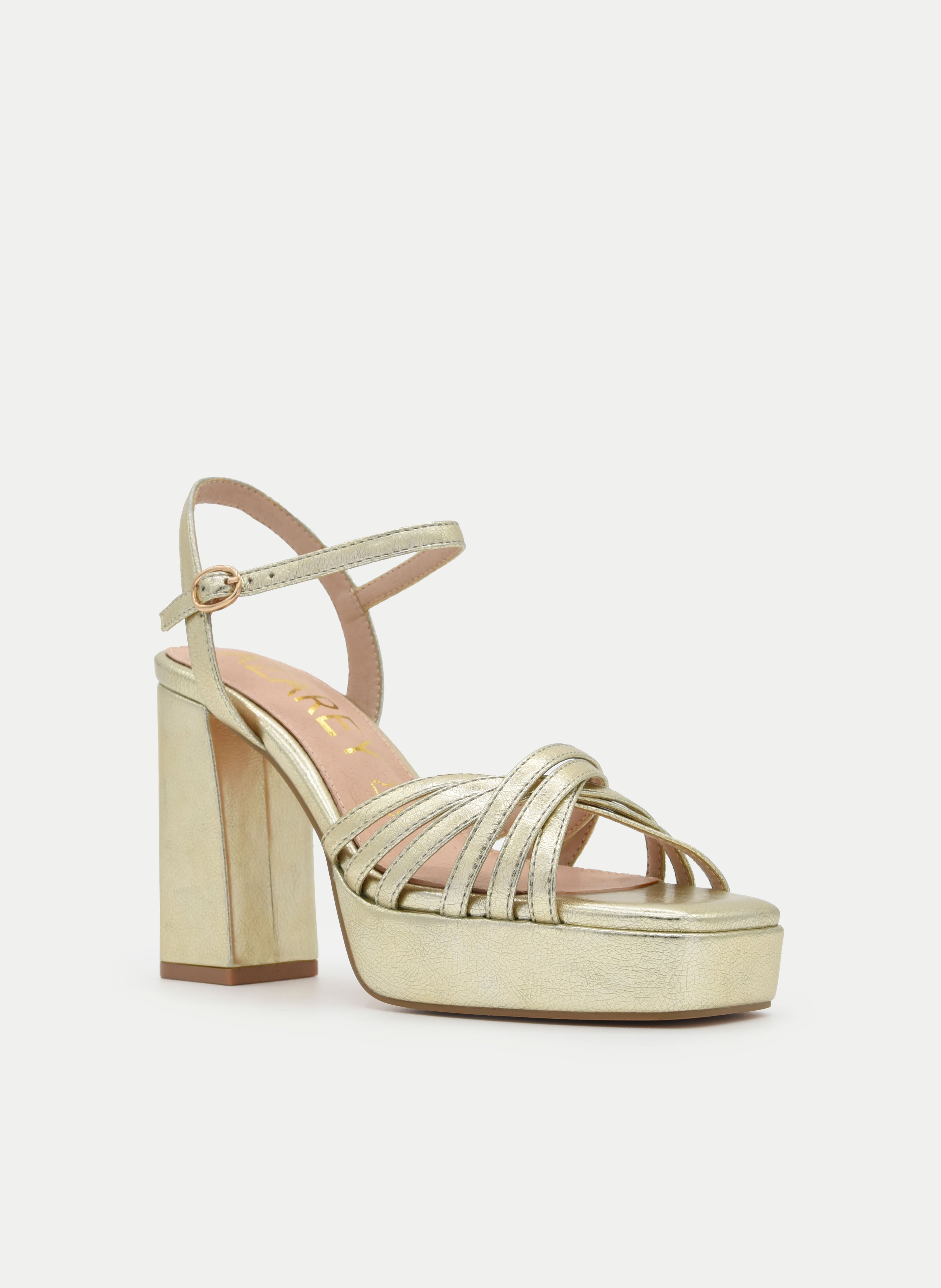 GOLD METALLIC BLOCK HEEL PLATFORM SANDAL WITH THIN STRAPS